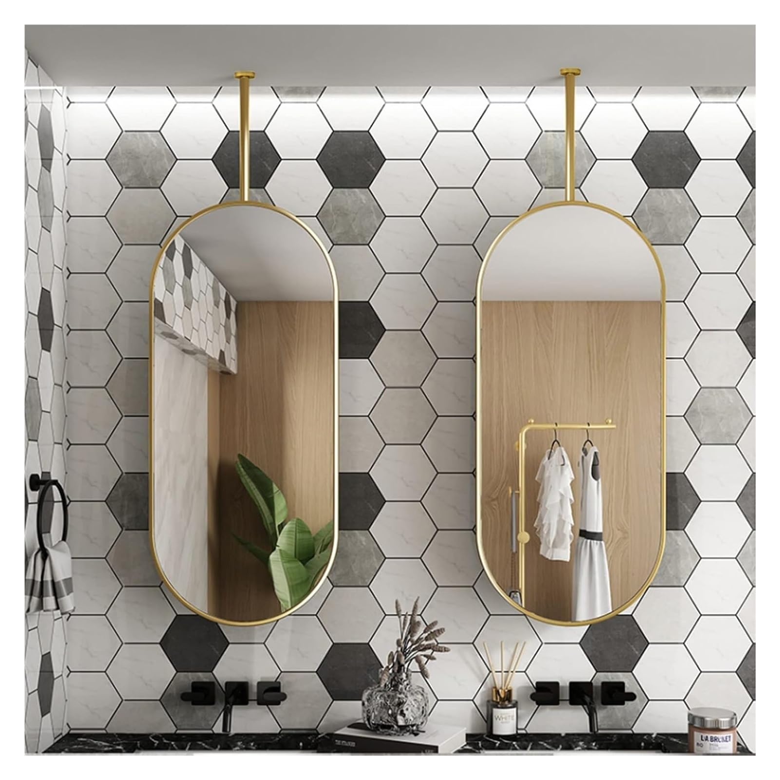 CGCSYZ Floating Vanity Mirror Hanging Rod Mirror Suitable For Bathroom Washroom Shaving Vanity Mirror Entrance Hallway Wall Decorative Mirror With Ceiling Rod And Metal Frame (40cmx70cm)