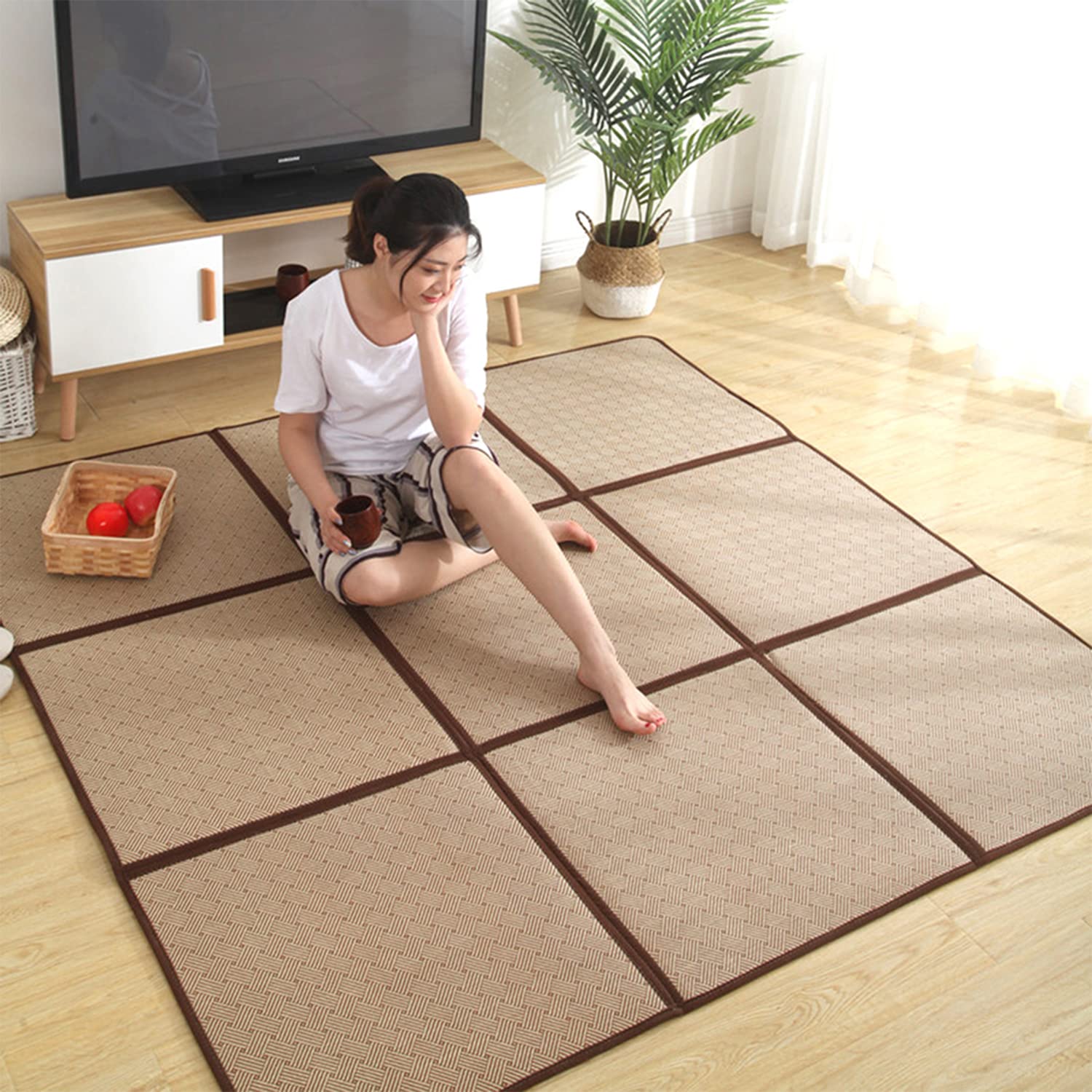 Nisorpa Japanischer Teppich Tatami-Teppich 180x180 cm, 0.47 cm dick, japanische Bodenmatratze, Rattan, rutschfest, atmungsaktiv, Memory-Schaumstoff, Teppich, japanische Tatami-Matte, Braun