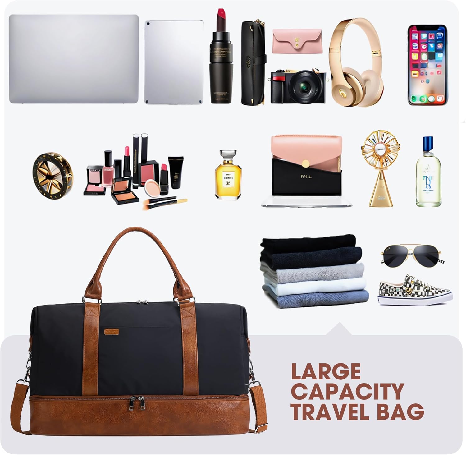 Oeihuivt Weekender Bags for Women - 21 Inch Large Travel Duffel Bag 2-Piece Set with Shoe Compartment, Heavy-Duty Canvas Leather Carry On Overnight Tote - Image 3