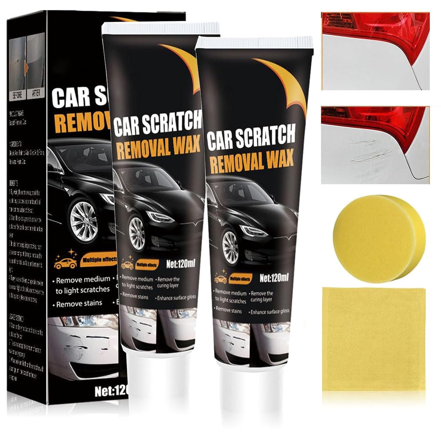 Schneller Kratzer Entferner Auto 120ml,Auto-Kratzer-Entferner für tiefe Kratzer,Auto-Polierwachs-Kratzer-Entferner für Fahrzeuge,Kratzerentferner Autolack mit Schwamm & Tuch (2PC)