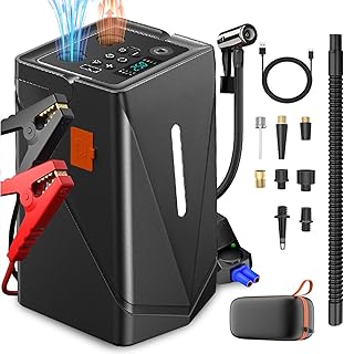MQUPIN Jump Starter with Air Compressor,3000A 12V Portable Car Jump Starter Power Bank for Up to 6.0L Petrol & 3.0L Diesel Engines, With Smart Jumper and LED Torch