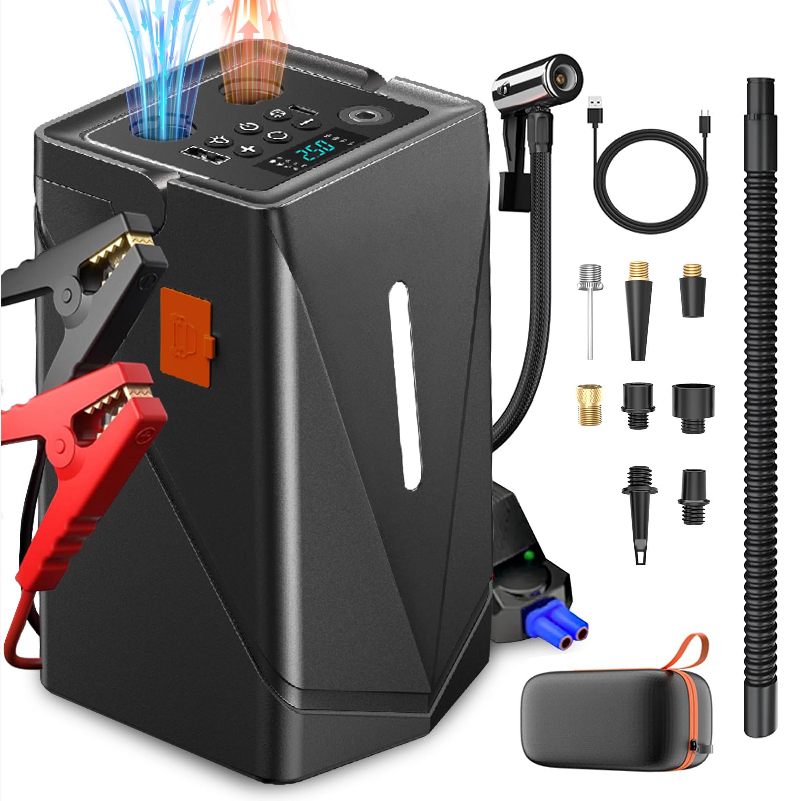 MQUPIN Jump Starter with Air Compressor,3000A 12V Portable Car Jump Starter Power Bank for Up to 6.0L Petrol & 3.0L Diesel Engines, With Smart Jumper and LED Torch