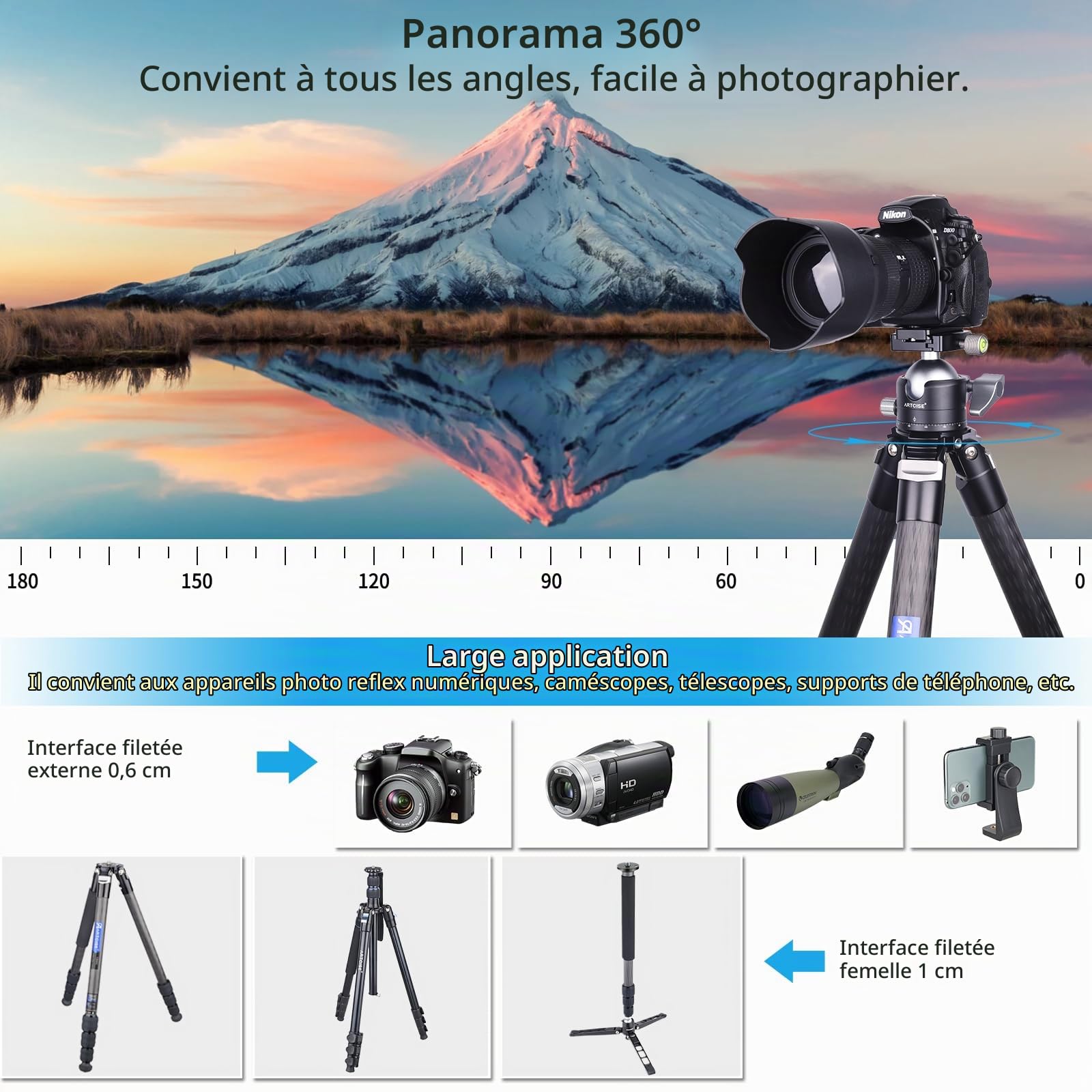 ARTCISE Tête à rotule Profil Bas, tête de trépied panoramique de 56 mm Compatible avec la Plaque de dégagement Rapide Arca 1/4" pour trépied Monopode Appareil Photo DSLR, capacité de Charge : 40 kg
