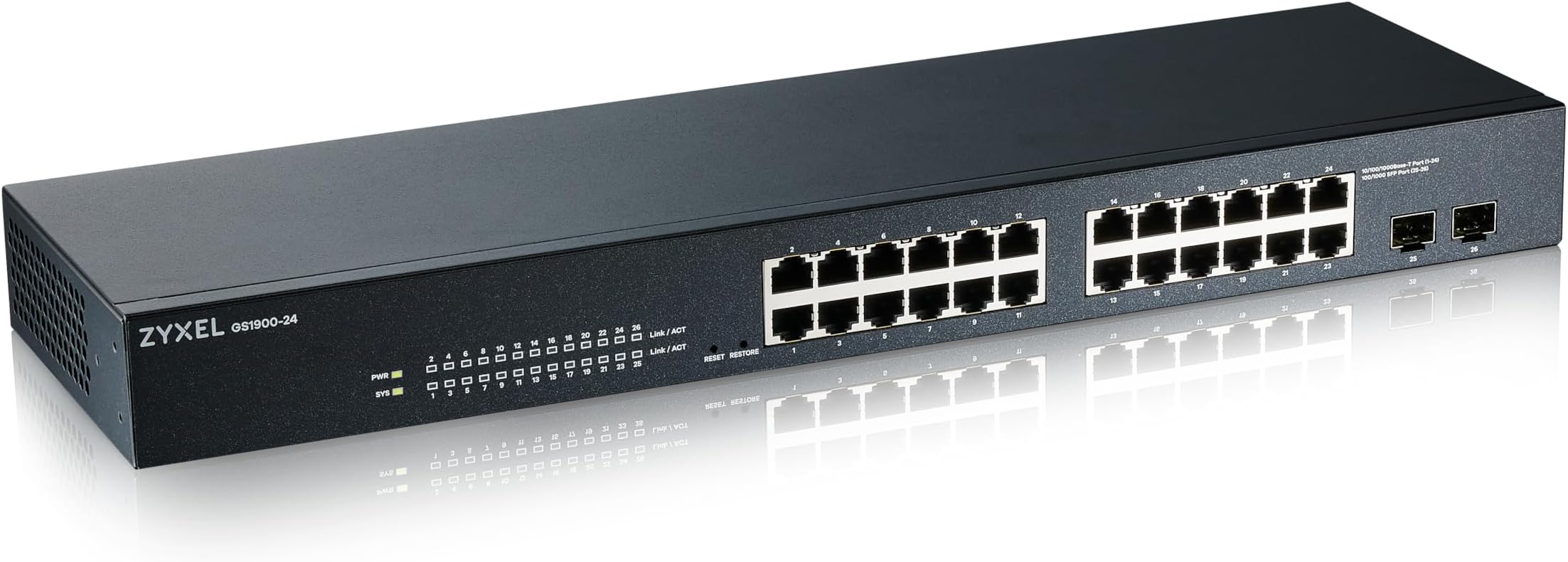 24-Port Gigabit Switch | Smart Managed | Rackmount and Fanless | VLAN, IGMP, QoS | Lifetime Warranty [GS1900-24]