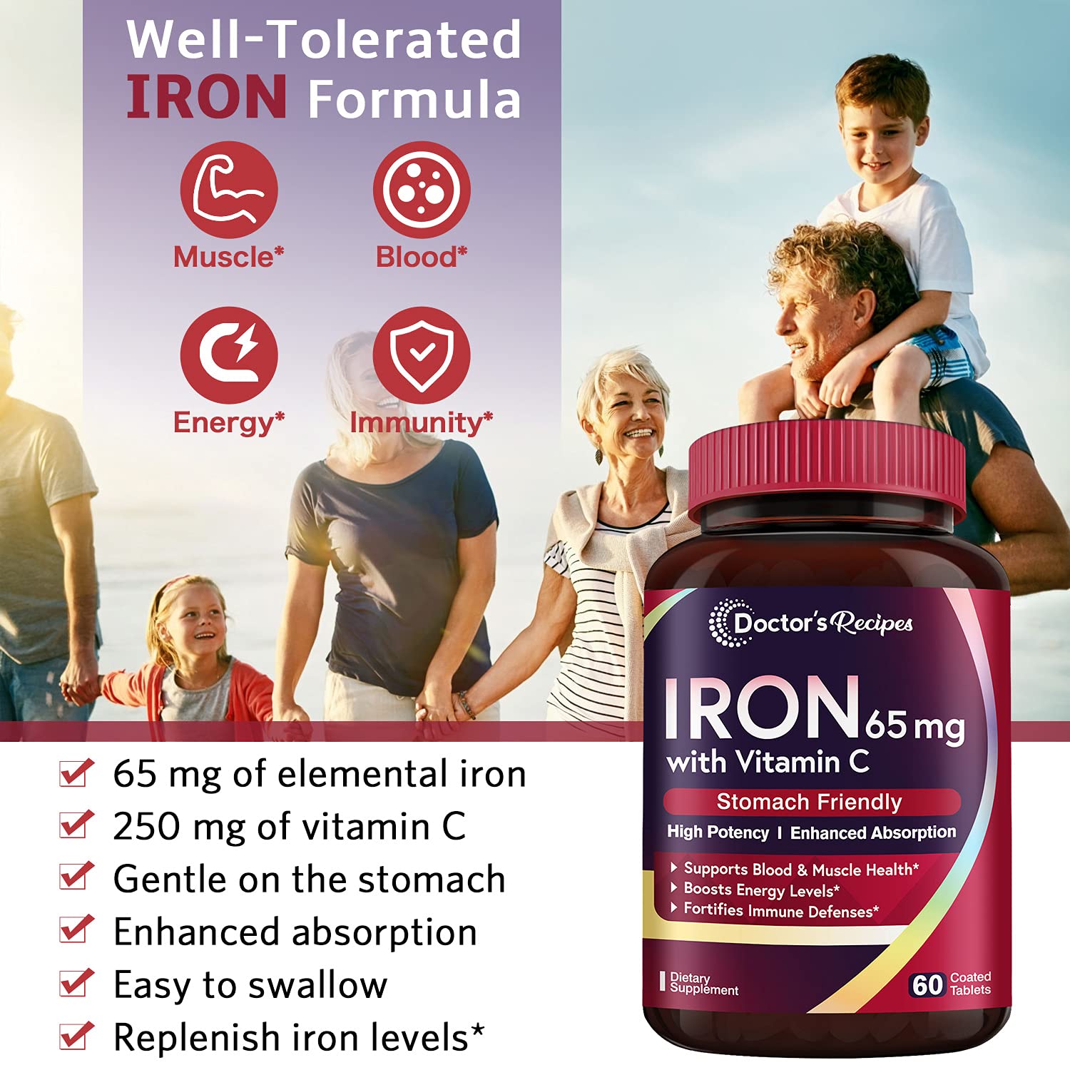Doctor’s Recipes Iron 65 mg Carbonyl Iron with Vitamin C, Maximized