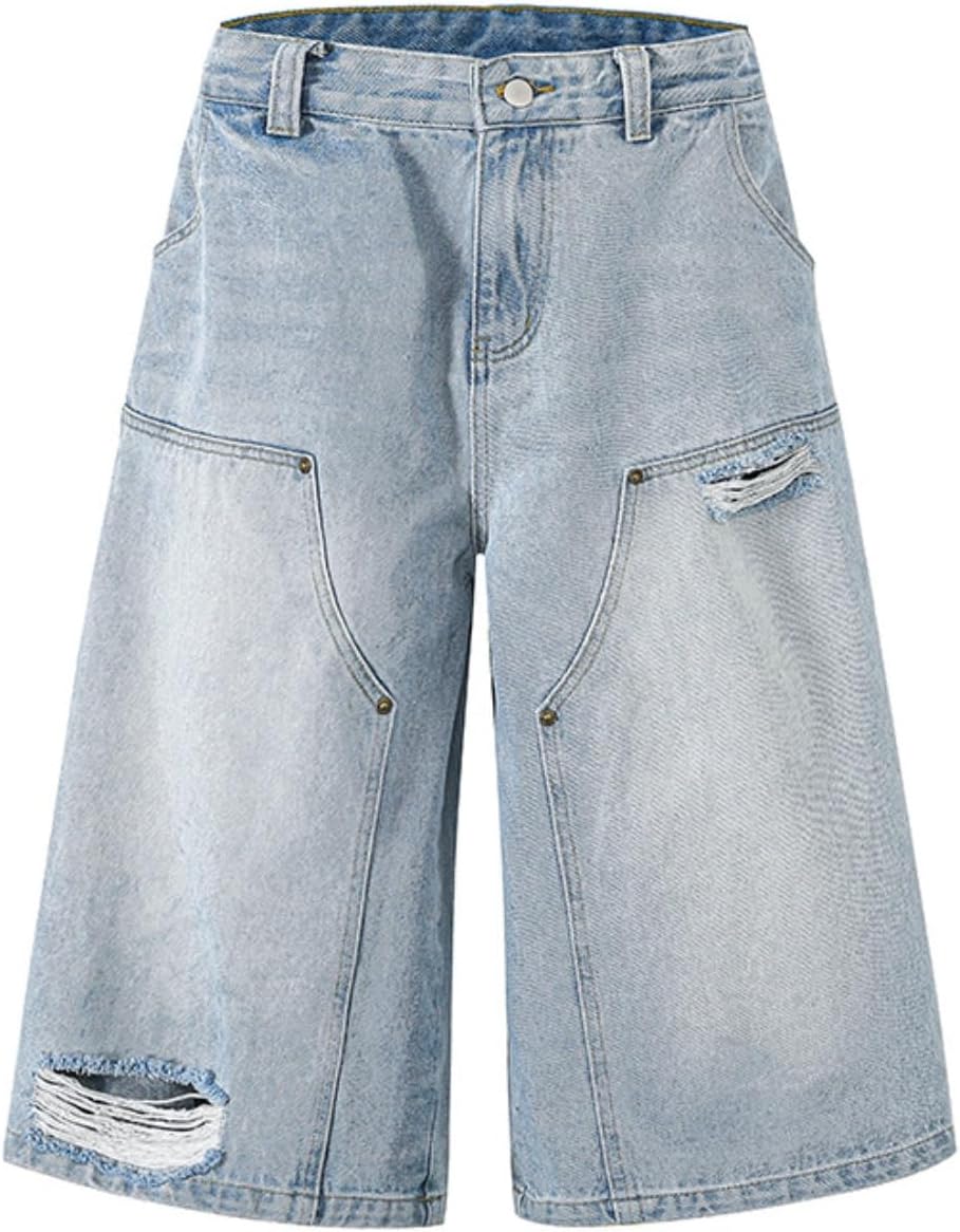 CUTEGAL Y2K Jorts Vintage Ripped Baggy Wide Leg Short Pants Grunge Streetwear Men Cropped Jeans Unisex Fashion Denim Shorts