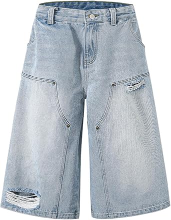 CUTEGAL Y2K Jorts Vintage Ripped Baggy Wide Leg Short Pants Grunge Streetwear Men Cropped Jeans Unisex Fashion Denim Shorts