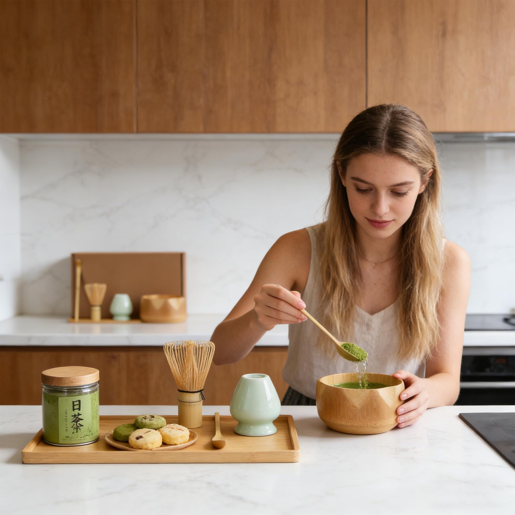 WYFCR 4PCS Matcha Schneebesen Set, Matcha-Teeset mit Schneebesen und Schüssel, Matcha Löffel, Schneebesenhalter, 510 ml Holzschale mit Ausgießer, handgefertigtes Matcha-Set zum Teetrinken