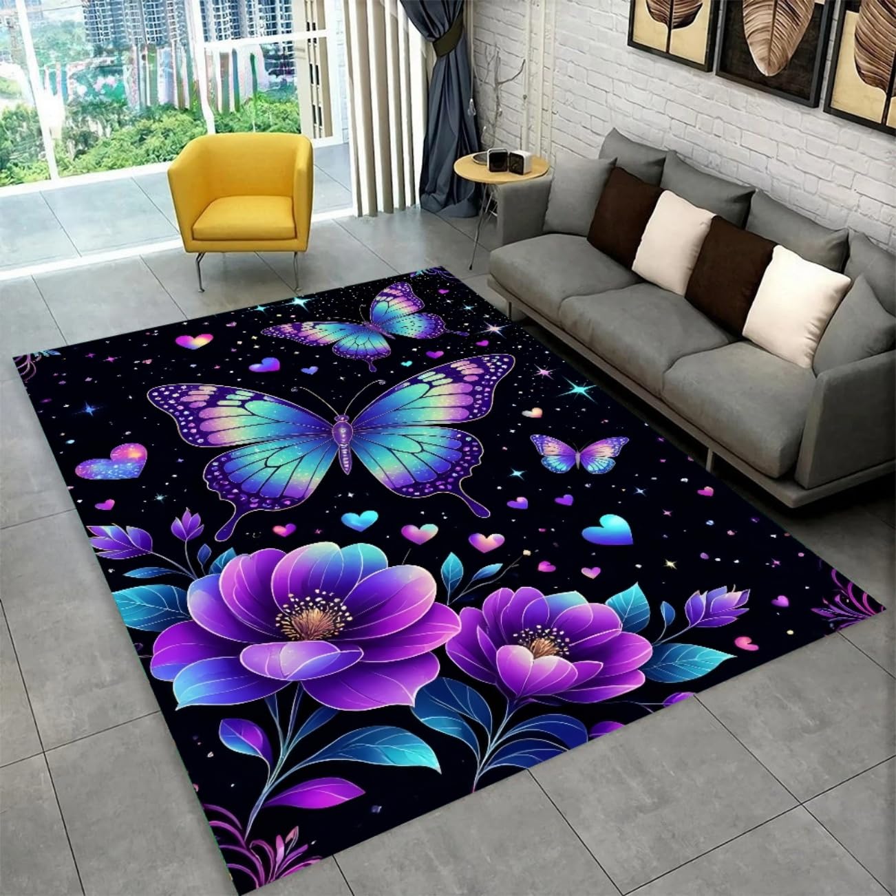 Fantasy Starlight Farfalla Neon Tappeto per Camera da Letto Bambina Morbido Antiscivolo Tappeto per Soggiorno Viola Nero Tappeti Decorativo Casa Tappetino da Bagno Antiscivolo, 160x230 cm, Color 5