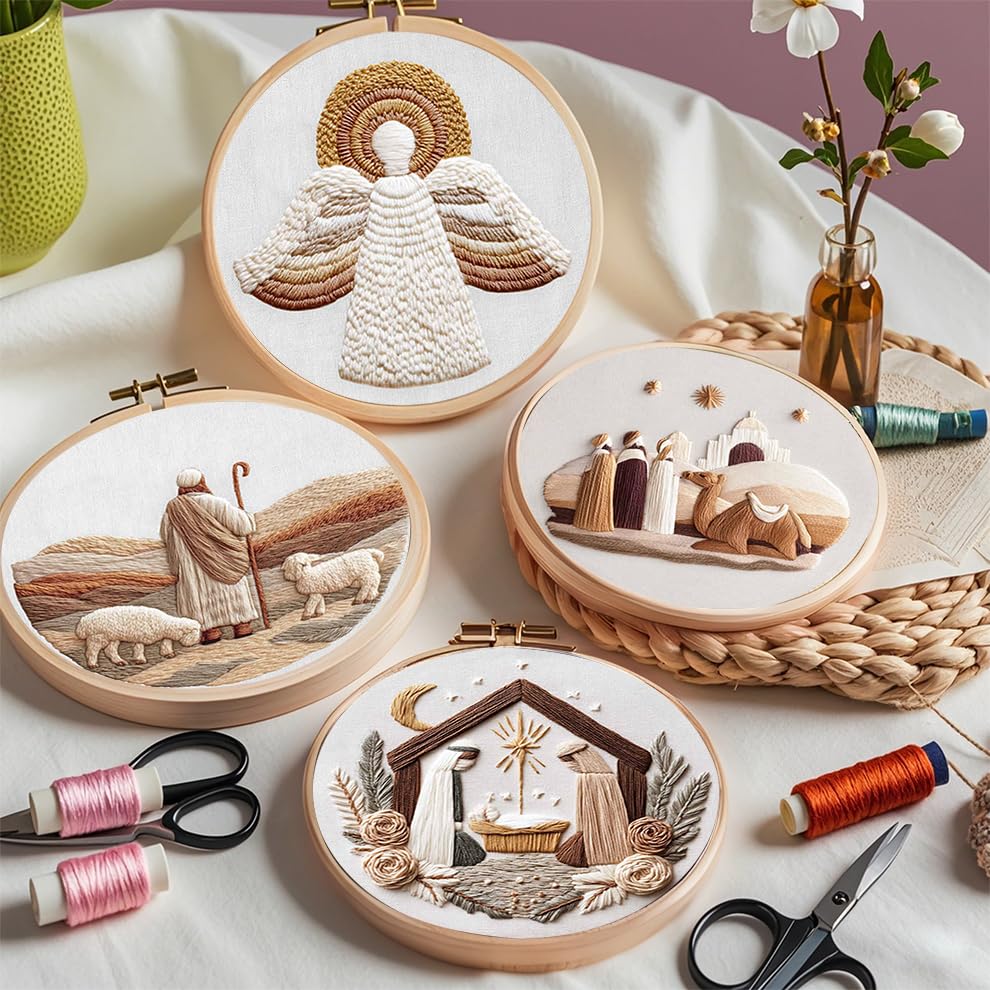 Image of KEKEMEOW 4 Pack Christmas Greetings Embroidery Starters Kit for Beginners Embroidery Starting Sets for Adults with Stamped Patterns Colorful Threads Step by Step Instructions Hoop Needles Tools