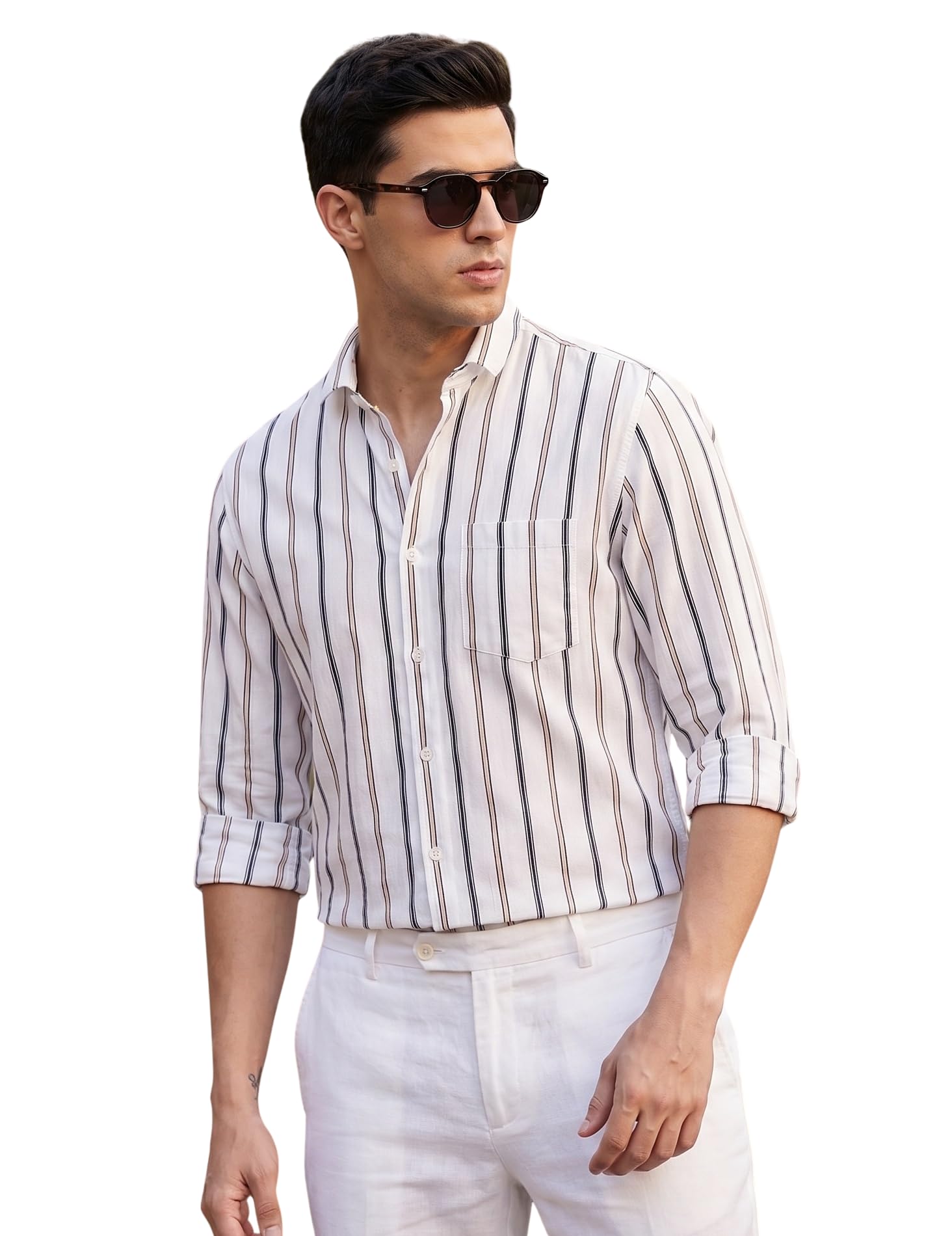 indoprimo Men’s White Striped Slim Fit Casual Shirt | Premium Cotton Full Sleeve Button-Down Shirt with Chest Pocket | Stylish Office-picture-50