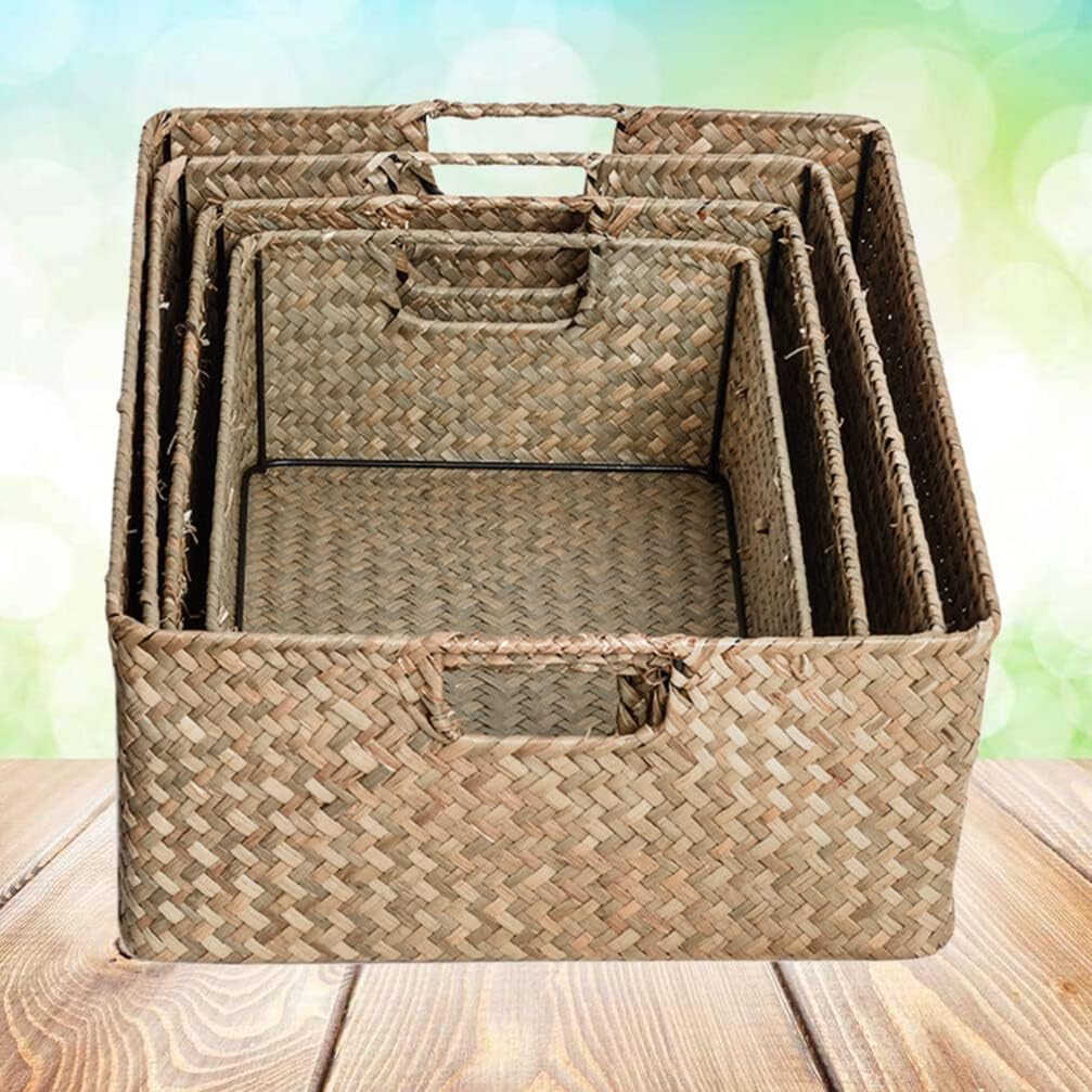POPETPOP 4 Pcs Storage Basket The Office Decor Woven Trash Can Hampers for Laundry with Lid Wicker Storage Woven Basket Rattan Toilet Tank Handle Child Make up Wooden Laundry Basket