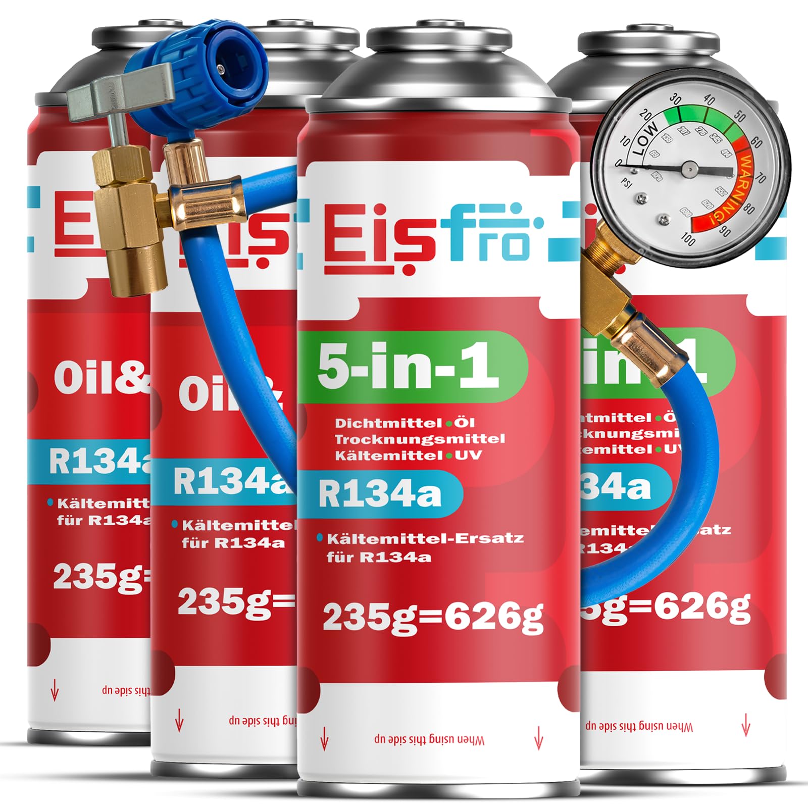 5in1 – 2x Gaz R134a i Olej + 2x Czynnik Chłodniczy R134a 5in1 XL 235g Każda Puszka, do Samochodowej Klimatyzacji z Olejem, Uszczelniaczem, Barwnikiem UV, Środkiem Osuszającym + Wąż