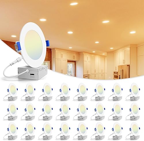 VOLISUN Paquete de 24 luces empotrables LED ultrafinas 5CCT de 4 pulgadas con caja de conexiones, 2700K-5000K seleccionables, luz empotrable LED sin