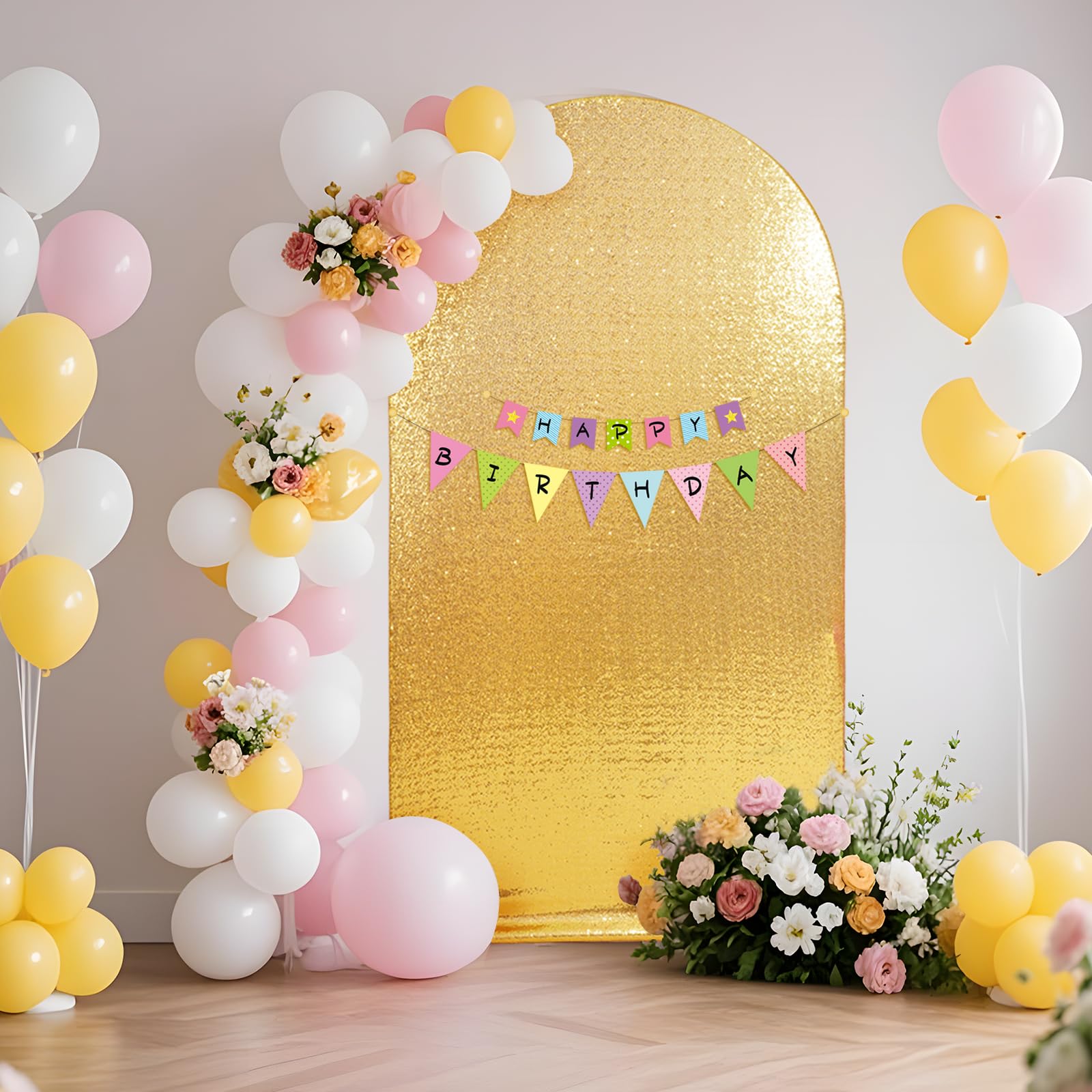 SquarePie Copertura per sfondo ad arco da 2,5 m, con paillettes dorate, top rotondo Chiara spandex elastico brillante copertura per matrimoni, feste di compleanno, banchetti