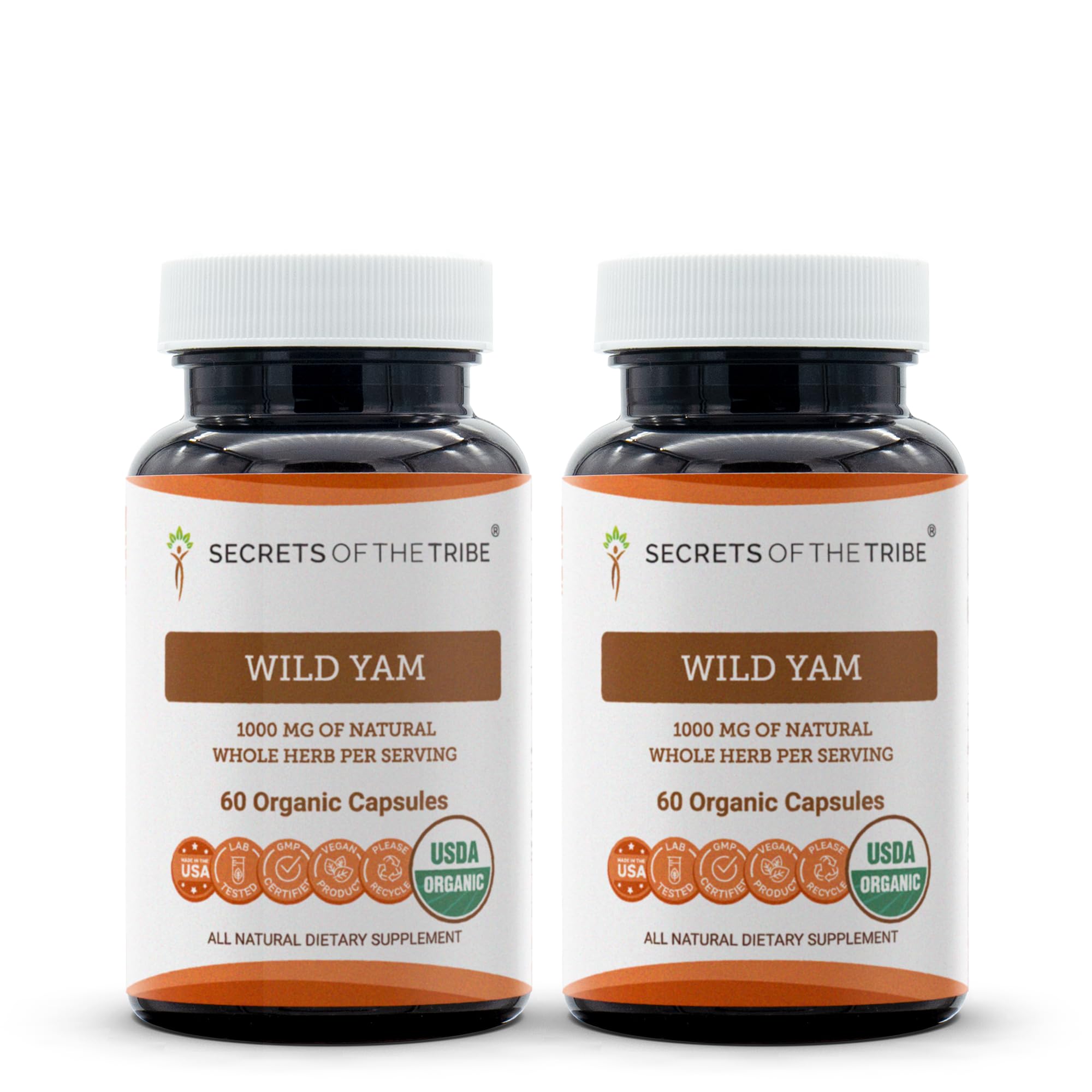 Secrets of the Tribe Wild Yam Capsules 1000 mg Responsibly farmed USDA Organic Wild Yam (Dioscorea Villosa) Dried Root, Hormone Support Supplement (2x60 Capsules)