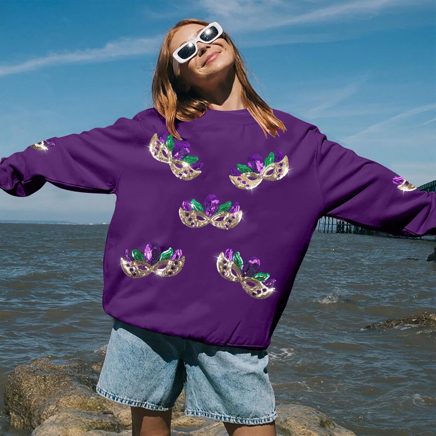 ASTANFY Womens Mardi Gras Sweatshirt Carnival Sequin Purple Sweater Masks Graphic Shirt Crewneck Long Sleeve Tops - Image 6
