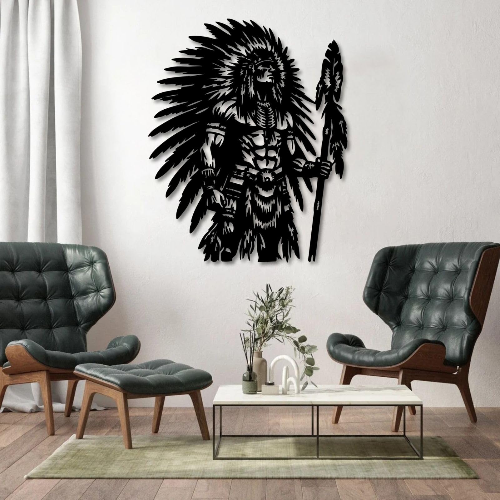 Décoration Murale en métal représentant Un Guerrier amérindien, Chef Tribal, pour Salon, Chambre, Bureau ou Salle de Jeux (Argent, 80 x 65 cm)