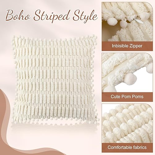 Miniatura 3 de Newwiee 6 fundas de almohada decorativas de pana navideña de 18 x 18 pulgadas, fundas de almohada bohemias a rayas suaves con pompones, fundas de