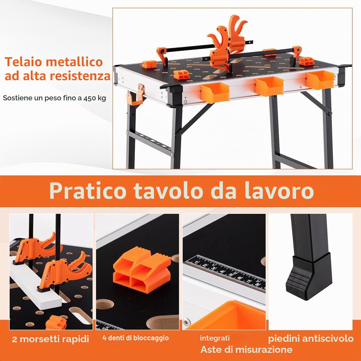 FANTASK Tavolo da lavoro pieghevole, portata fino a 454 kg, tavolo degli attrezzi per garage officina, banco da lavoro con 2 morsetti rapidi, 4 ganci a morsetto, 3 cassette degli attrezzi e telaio in