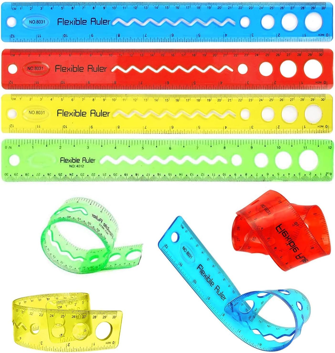 TERRIFI Flexible Ruler Set, 8 Pcs 30cm/12inch Translucent Ruler, 4 Colors Soft Plastic Ruler with Inches and Metric Dual Side Rulers Bendable Ruler Folding Rulers for School Classroom Home Office