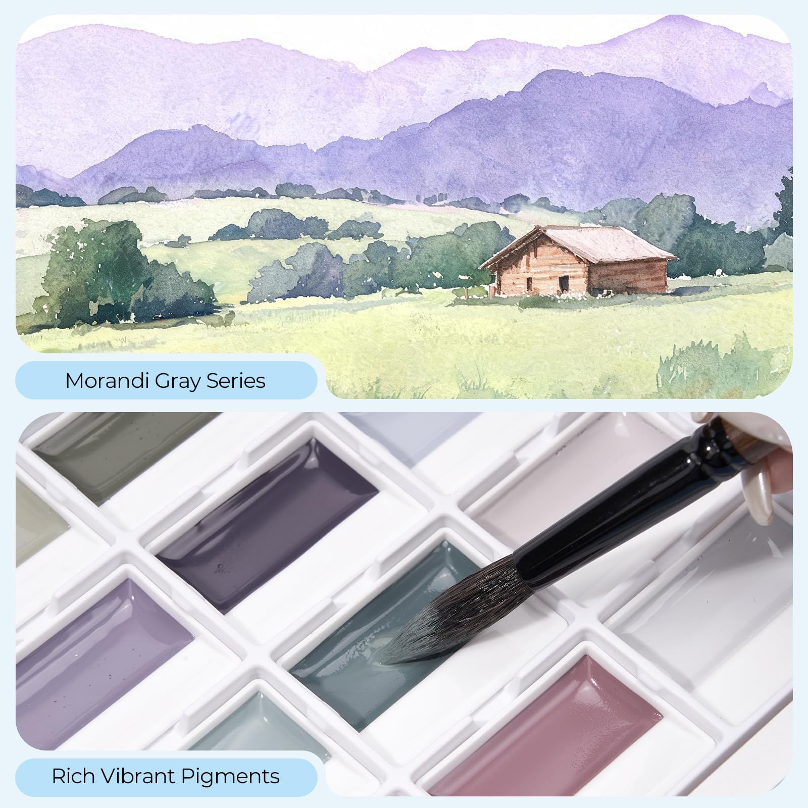 LIGHTWISH Aquarellfarben, 24 Farben, in Holzbox mit Mischpalette, Undurchsichtig, Professionelles Aquarell Set, starke Deckkraft, intensive matte Farben, perfekt zum Malen für Anfänger und Profis