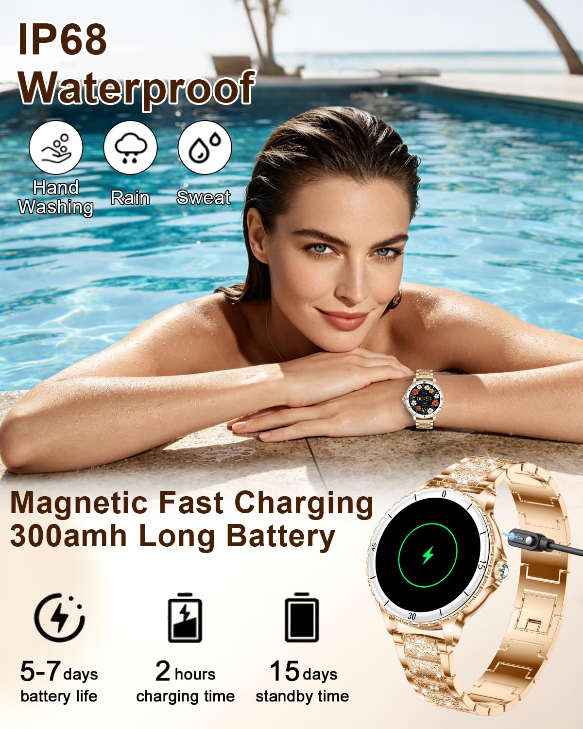 Smartwatch Donna Chiamate Bluetooth, 1.27" Orologio SmartWatch Rotondo con Cinturino di Diamante, Compatibile Android/iOS, IP68 Impermeabile Fitness Trackert con 120+ Sportive, Sonno, SpO2, Oro Rosa