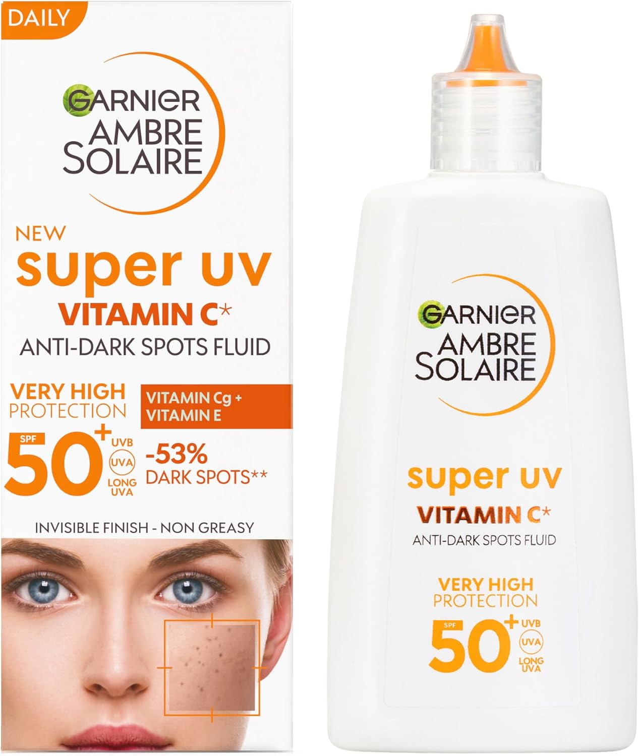 Garnier Płyn przeciwsłoneczny UV chroniący przed ciemnymi plamami, bardzo wysoka ochrona przed słońcem, LSF 50+, niewidoczne wykończenie, Ambre Solaire Super UV witamina C Daily Fluid, 1 x 40 ml