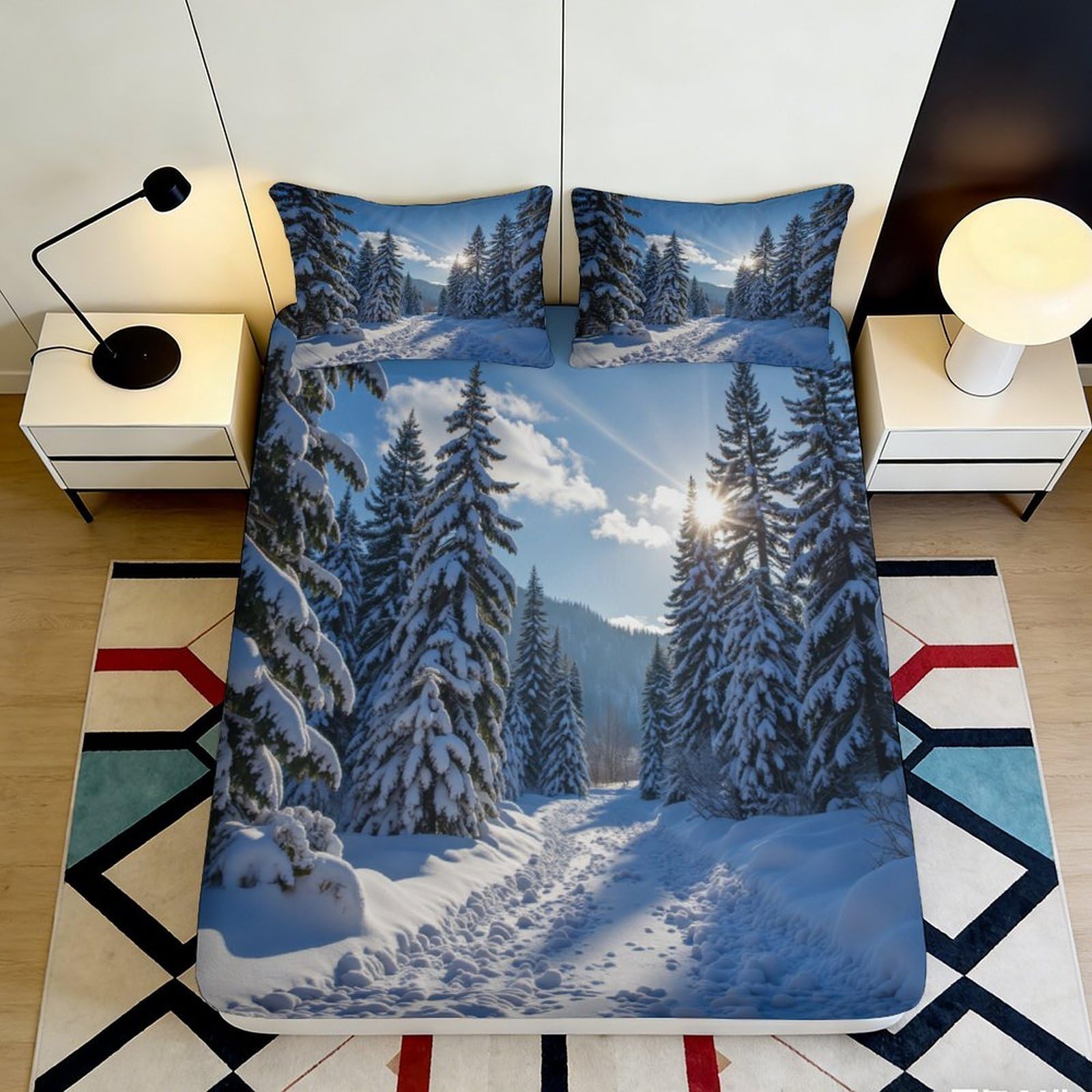 3D Printed Snow Forest Fitted Sheet Microfiber Blue Winter Mountain Mattress Cover for Bedroom Dorm Soft Decor 90x200x25cm