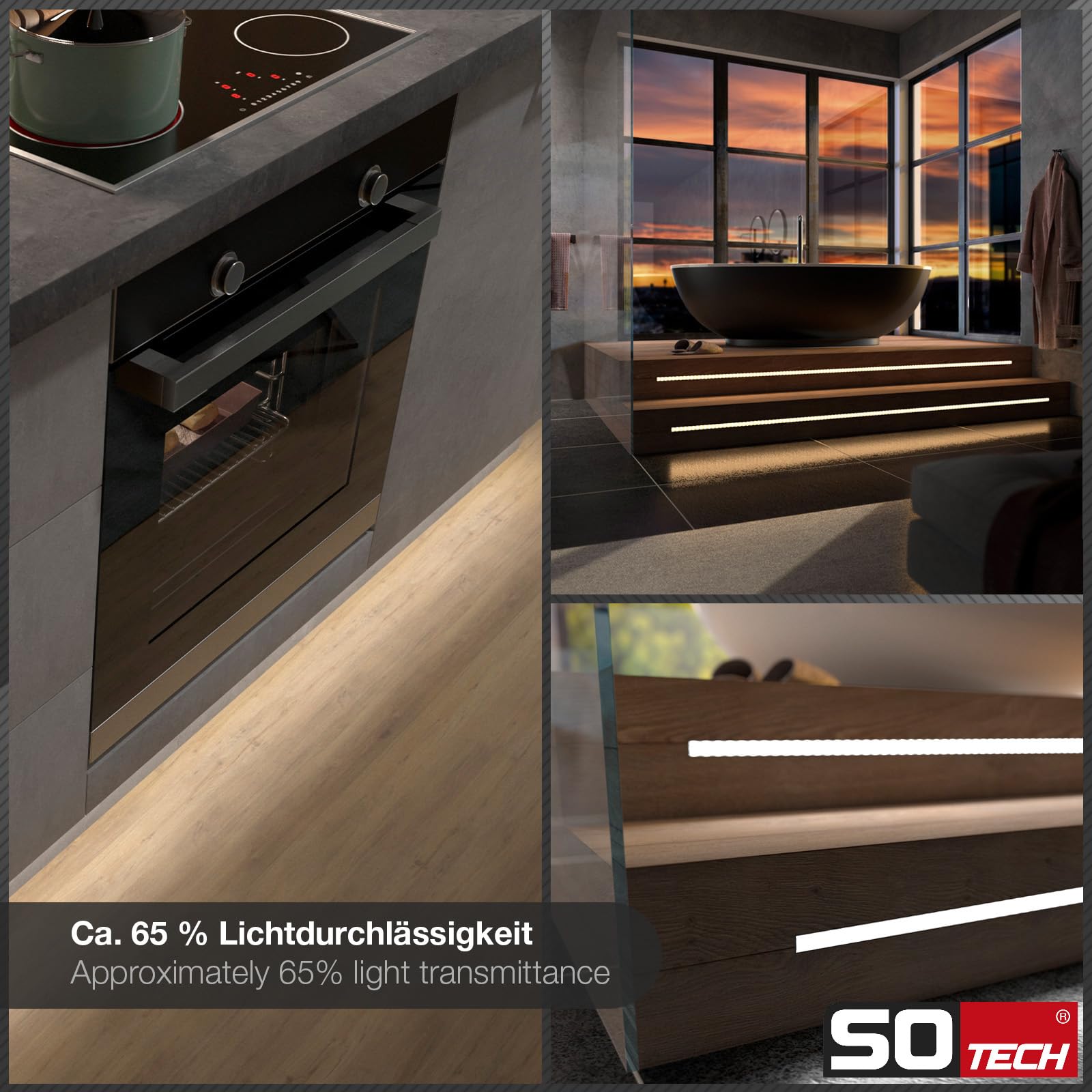 SOTECH LED Profil-PH1 (2000 x 18 x 8,5 mm) Schwarz für breite LED Stripes bis 16 mm (z.B. für Philips Hue LightStrip) Aufbauprofil mit opaler Abdeckung und Endkappenset
