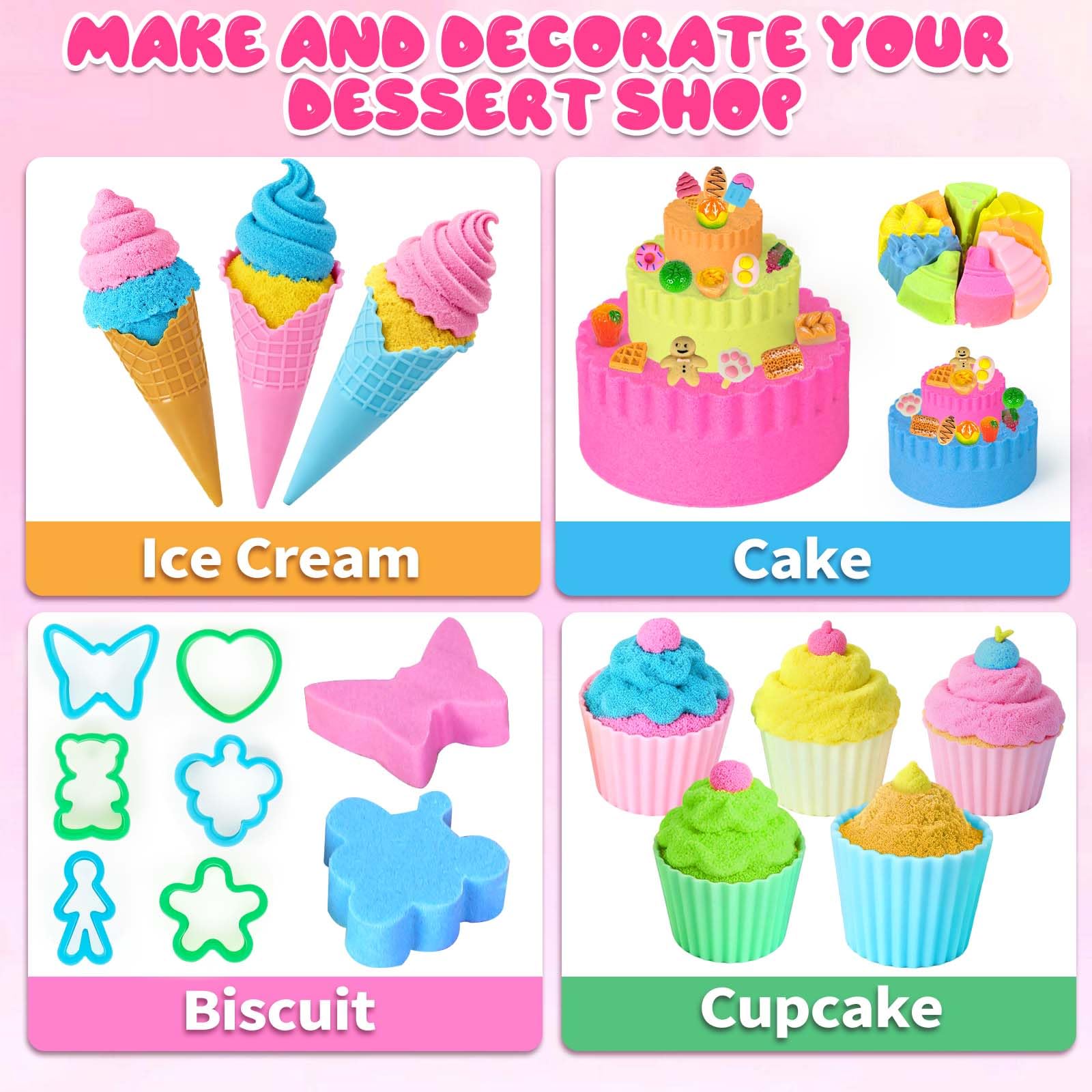YongnKids Ice Cream Sensory Bin Girl Kid, Play Sand Art Kit with 2.2lb Color Sands, 56 pcs Cake Molds Tools Sensory Toys, Christmas Birthday Gift Toy for Girls Toddler 3 4 5 6 7 8