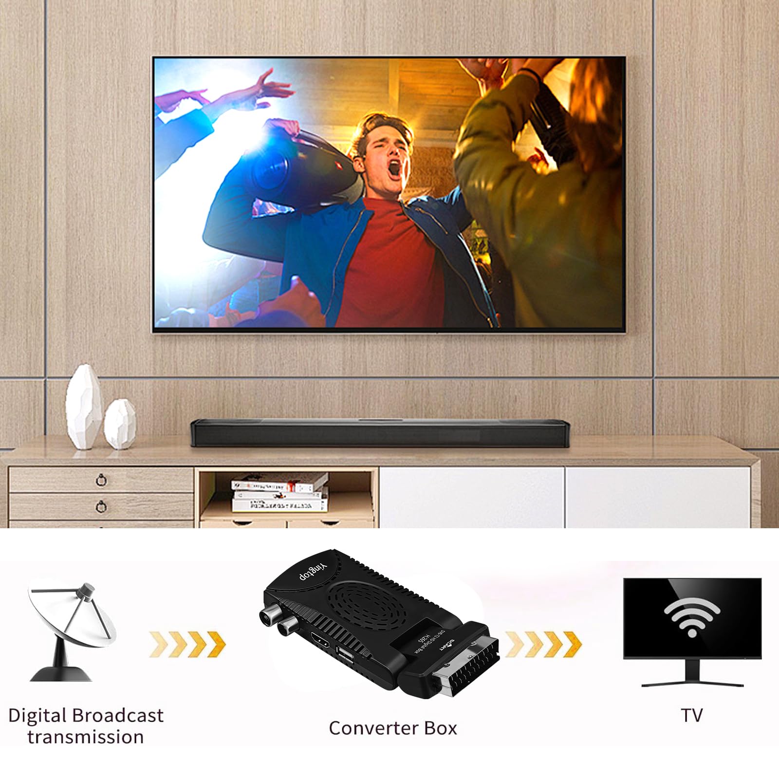 Mini Decodificador TDT HD - DVB-T T2 H.265 HEVC Full HD PVR, USB, HDMI, SCART,Sintonizador de televisión Digital Terrestre, Compatible con HEVC 265 - Digital Full HD 1080p/ Dolby/MPEG-2/4, H.265