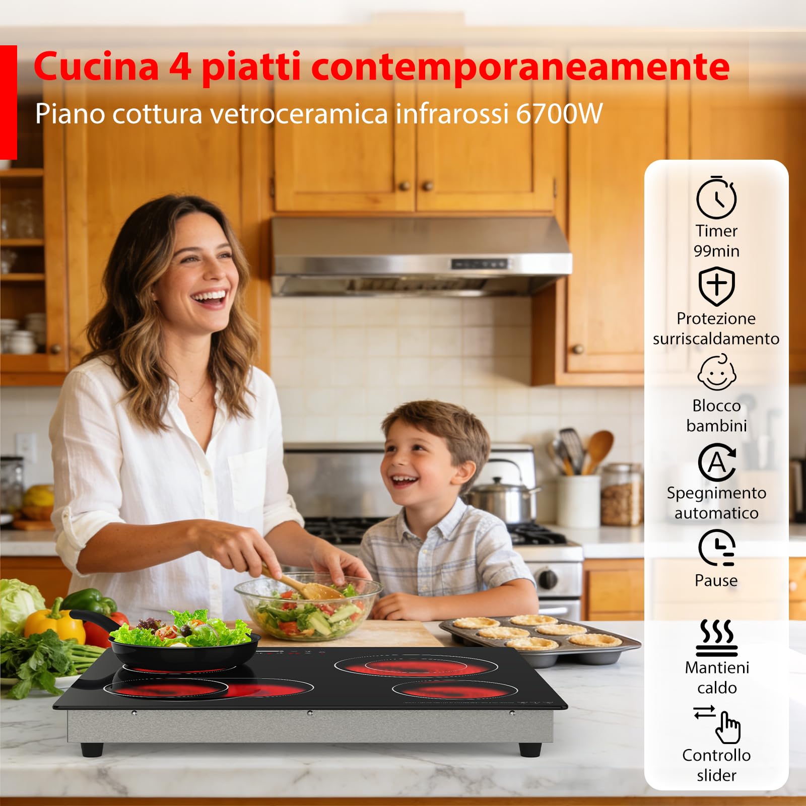 Piano Cottura in Vetroceramica 4 Zone 60 cm, 6700W, Controllo Slider Touch, Doppia Zona e Zona Pesce