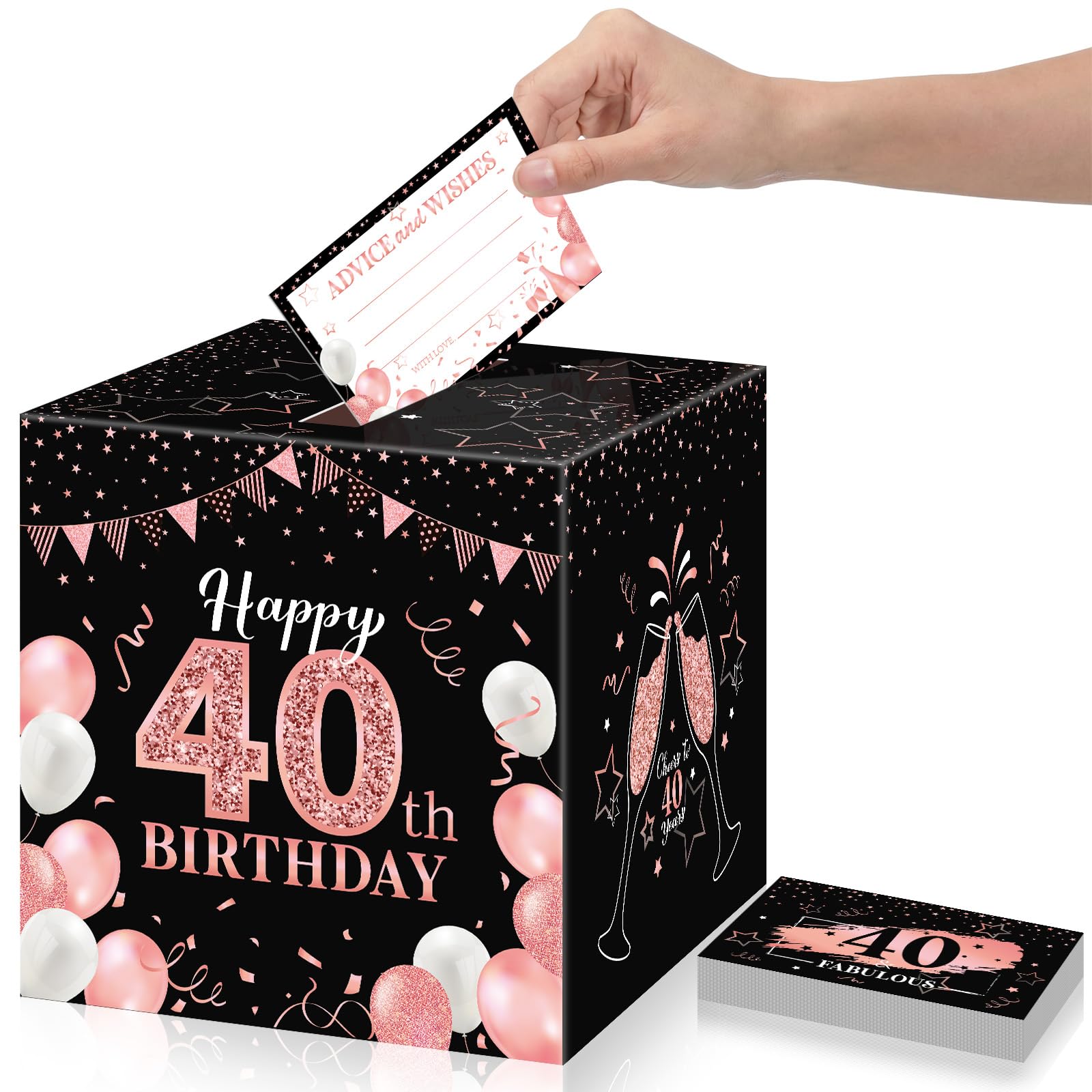 Funrous 40th Birthday Party Message Card Box Black Rose Gold Advice and Wishes Greeting Card Box for Men Women Happy 40th Birthday Decorations Party Supplies Anniversary Tables Sign Decor