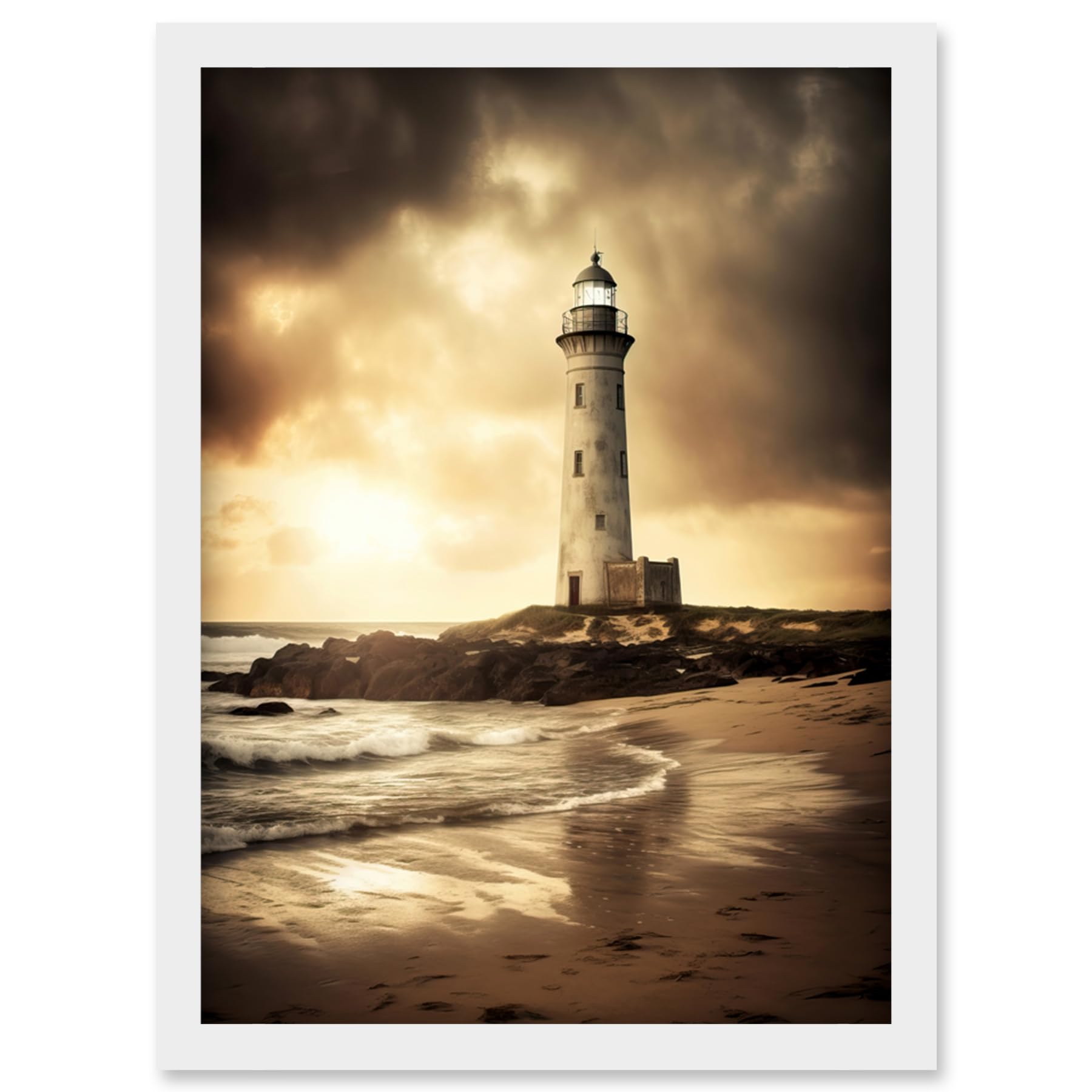 Artery8 Atmospheric Lighthouse Photo Beach Sepia Photograph Atmospheric Sunset Seascape Artwork Framed Wall Art Print A4
