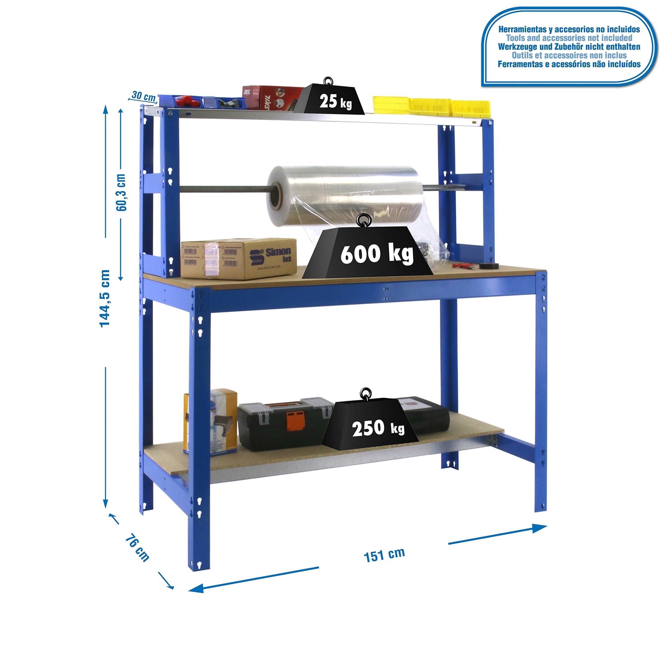 Simon Rack Banco de Trabajo con Porta Rollo 1510x760 mm - BT4 | Porta Rollo, Tablero madera 16 mm, Capacidad Carga 600 kg, Azul , Pintura anticorrosión, Montaje sistema clic