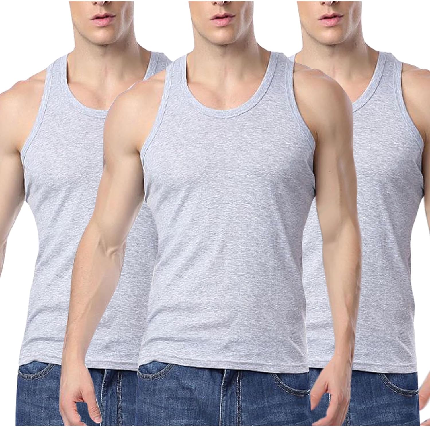Men's 3-Piece Base Layer Vest Set Elastic Fitness Home Wear Tank Tops Solid Crew Neck Sports T-Shirt Gym Training