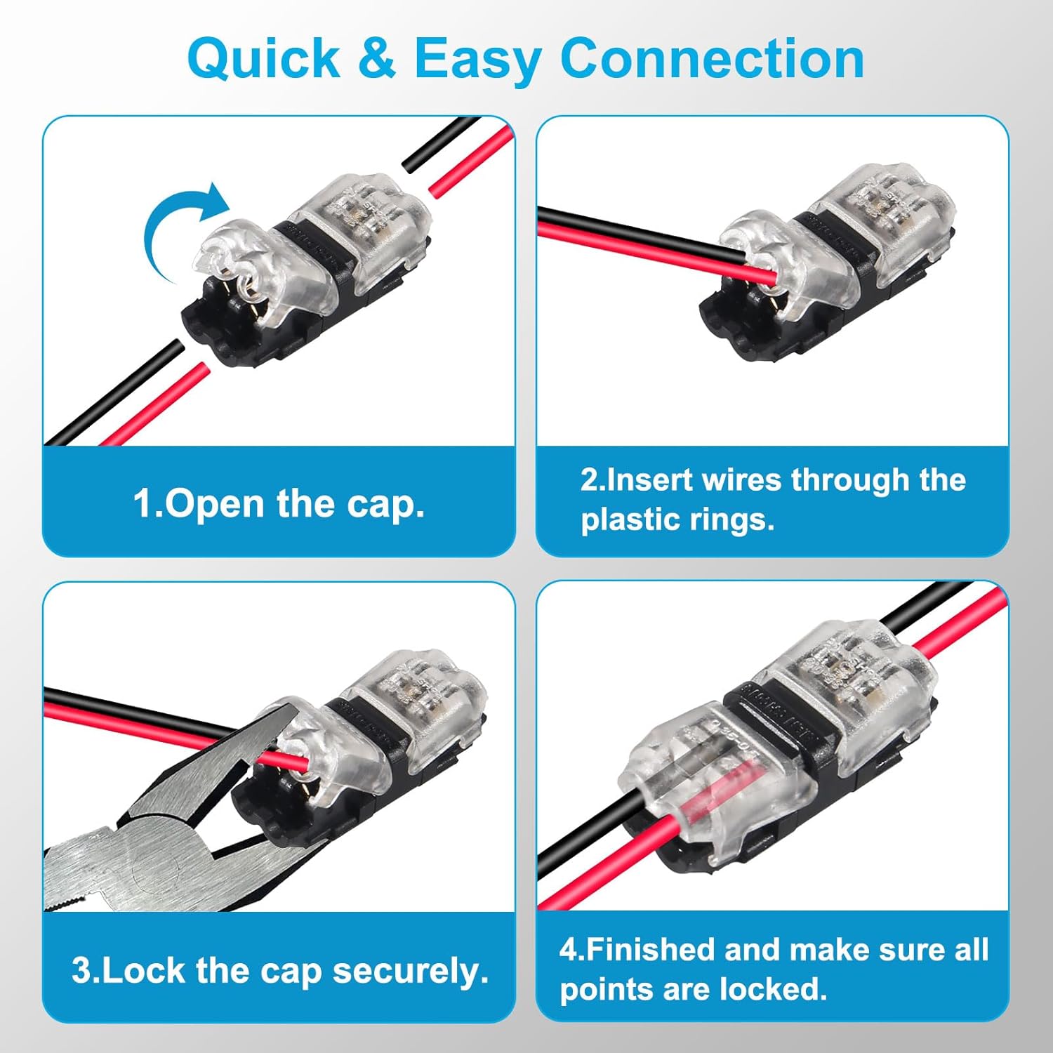 20PCS Low Voltage Wire Connectors, Snap-in Quick Connect, Black Copper, 20-24 AWG, No Wire-Stripping Required & Plug and Play