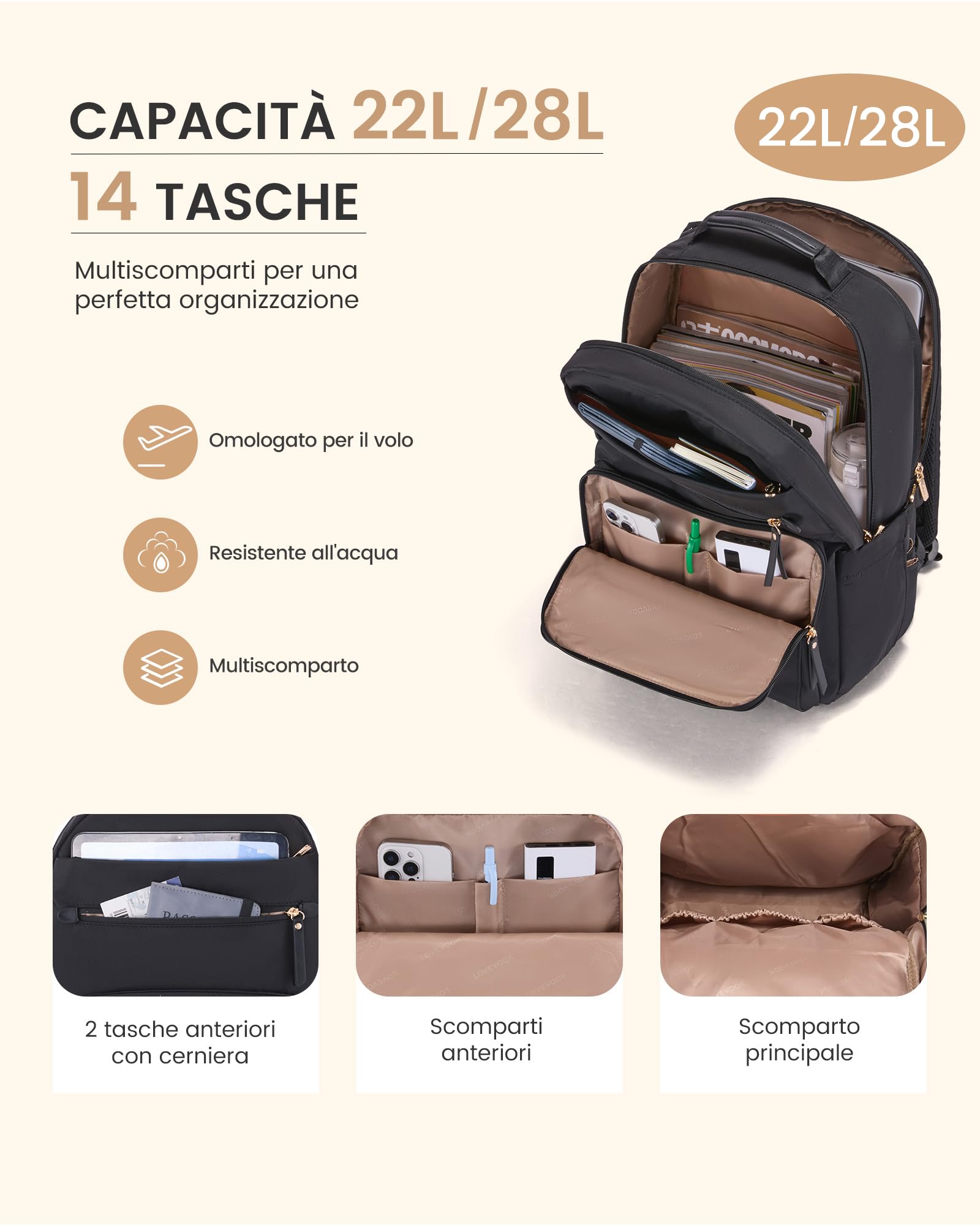 LOVEVOOK Zaino Donna, Impermeabile Zani porta PC 17 Pollici Zainetto da Lavoro, Elegante Zaino Computer Laptop Backpack da Università Viaggio Ufficio Scuola, Nero