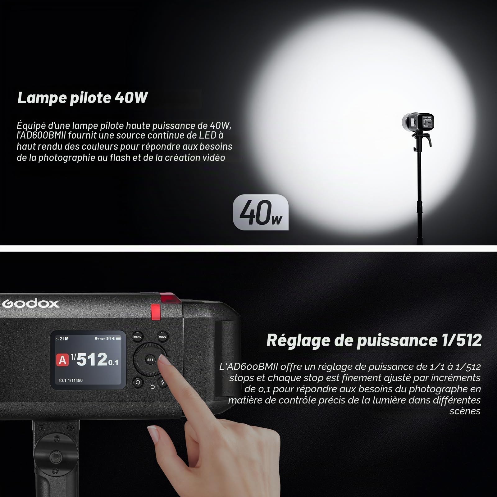 Godox AD600BMII AD600BM II 600Ws GN87 HSS Flash Strobe Monolampe d'extérieur, 0.01~1.9s Temps de Recharge, Montage Bowens 10.8V/8940mAh Lithium Battery (Godox AD600BM Upgraded)