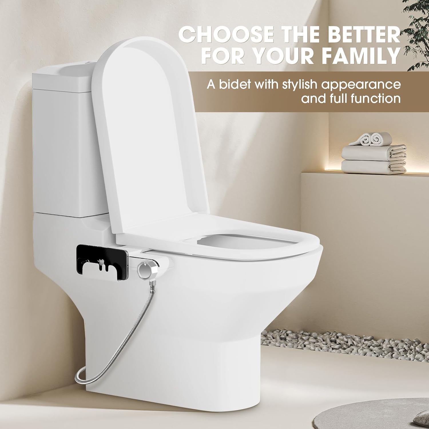 Bidet Attachment for Toilet with Phone Holder and Hook,Non-Electric Self-Cleaning Dual Retractable Nozzles,Adjustable Water Pressure for Rear and Feminine Wash