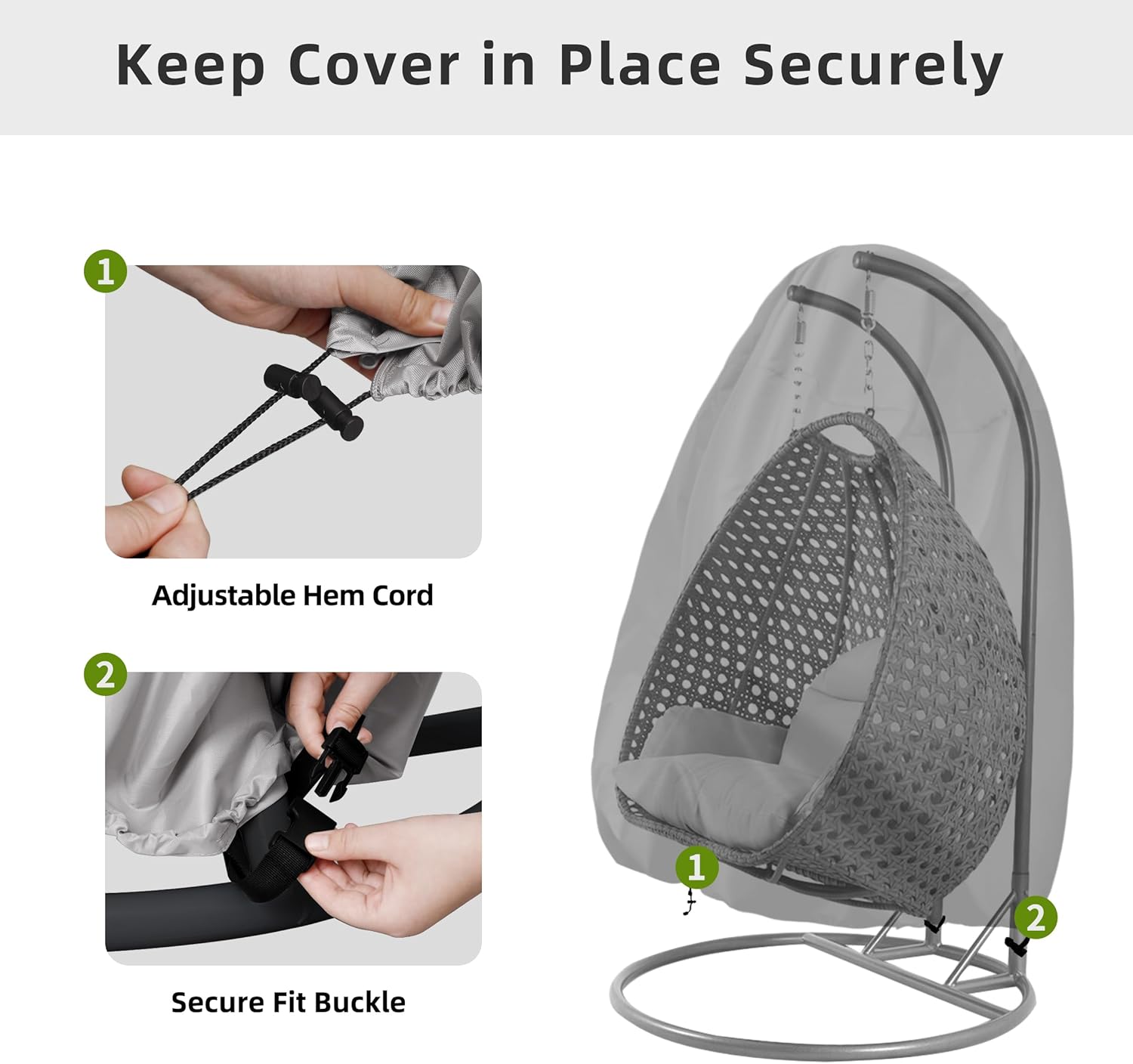 Easy-Going Patio Hanging Egg Chair Cover, UV Resistant Waterproof Outdoor Double Seat Swing Chair Cover with Zipper, Black