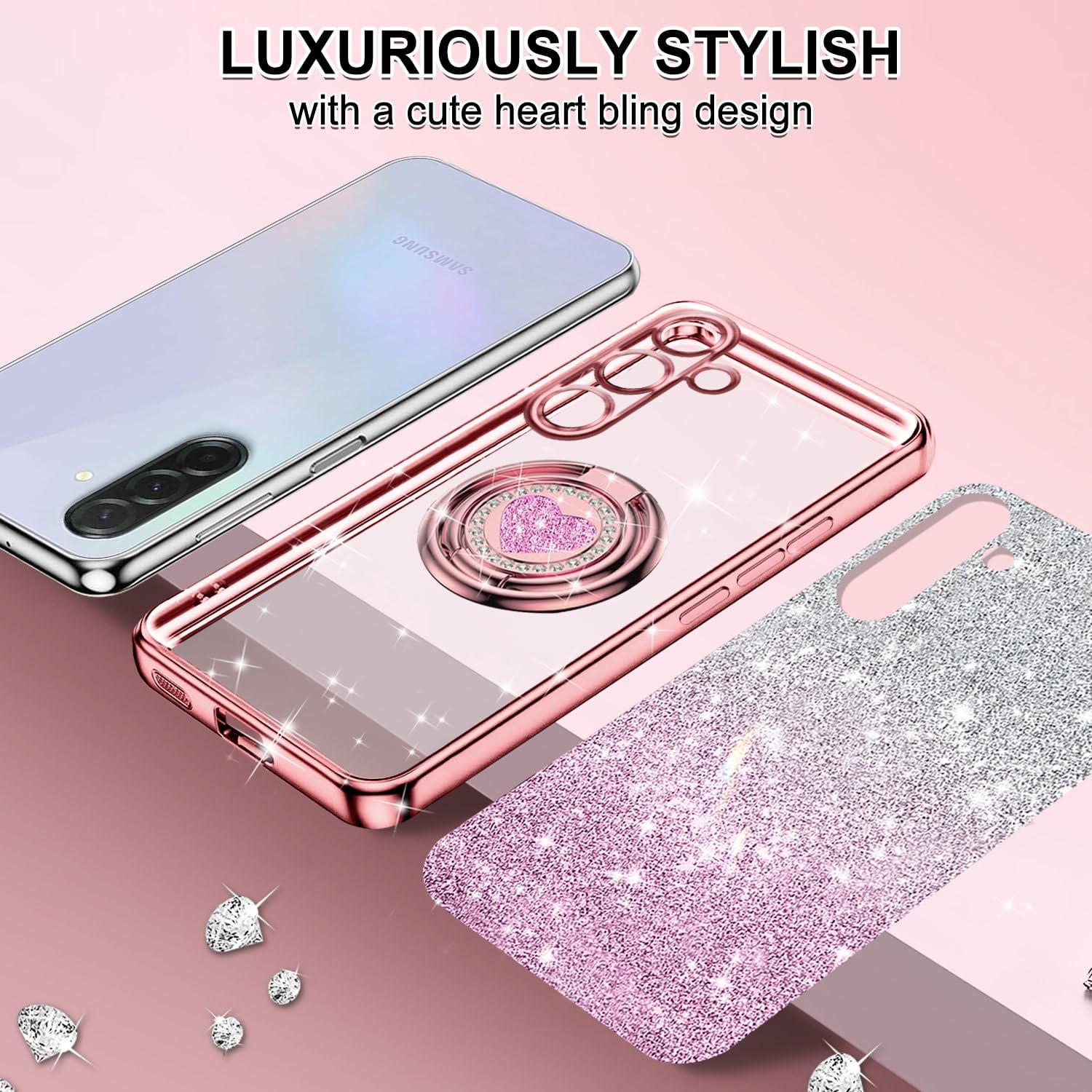 Tawarror Błyszczące etui ze sznurkiem do Samsung Galaxy A56 5G, Galvanisée silikonowe etui z sercem miłości, podwójny uchwyt na pierścień i regulowany naszyjnik pasek na szyję, różowe złoto
