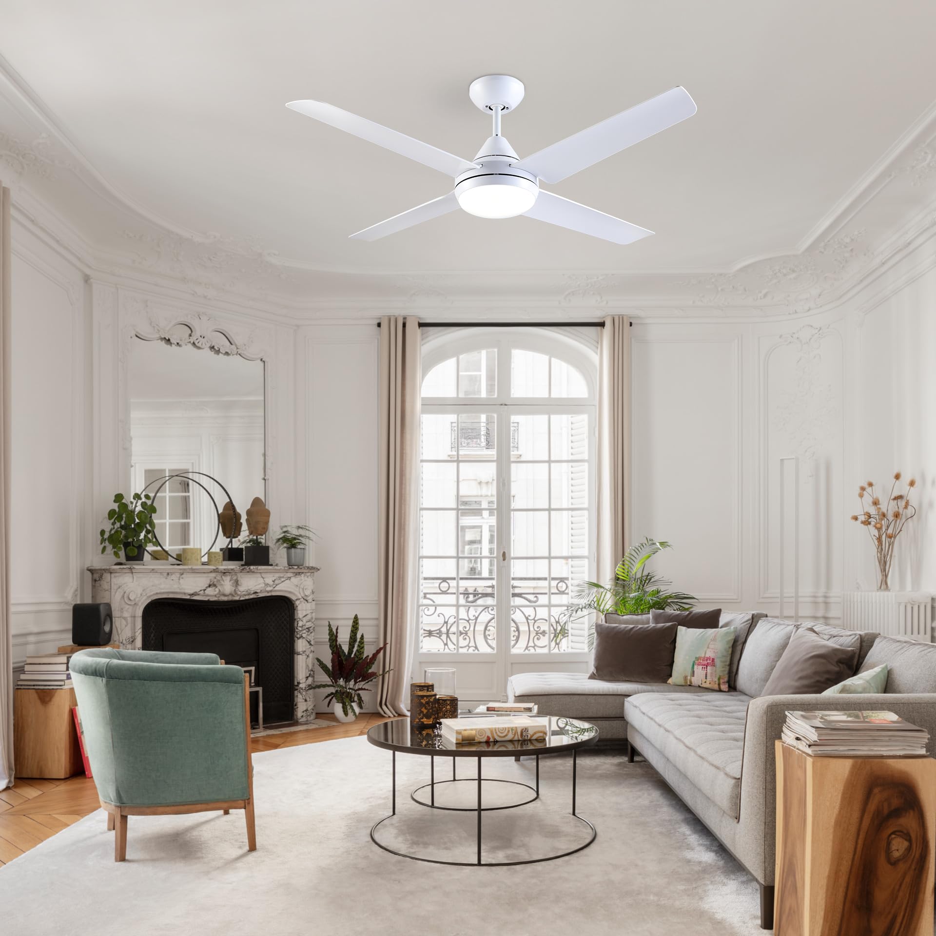 Newday 122cm Ventilatore da Soffitto Bianco con Luce e Telecomando, Ventola Soffitto con 4 Pala, Dimmer senza passaggi, Modalità 7 velocità, Timer, Reversibile Motore DC Silenzioso per Soggiorno