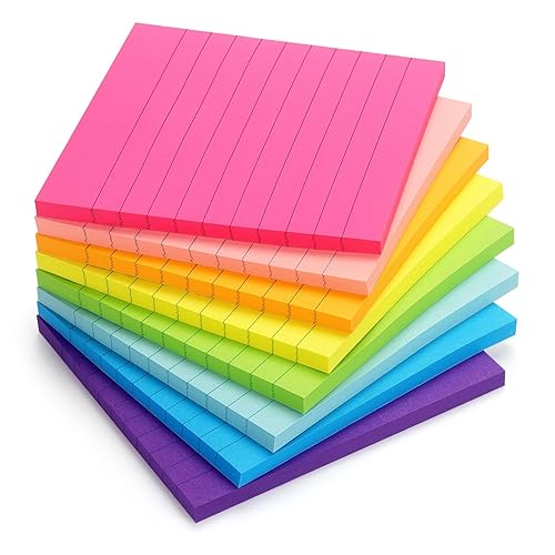 Eastern Wolf 8 Pads Lined Sticky Notes 4x4 Sticky Notes with Lines Self-Stick Note Pads 8 Bright Multi Colors, 50 Sheet/Pad - 4x4 8 Pads