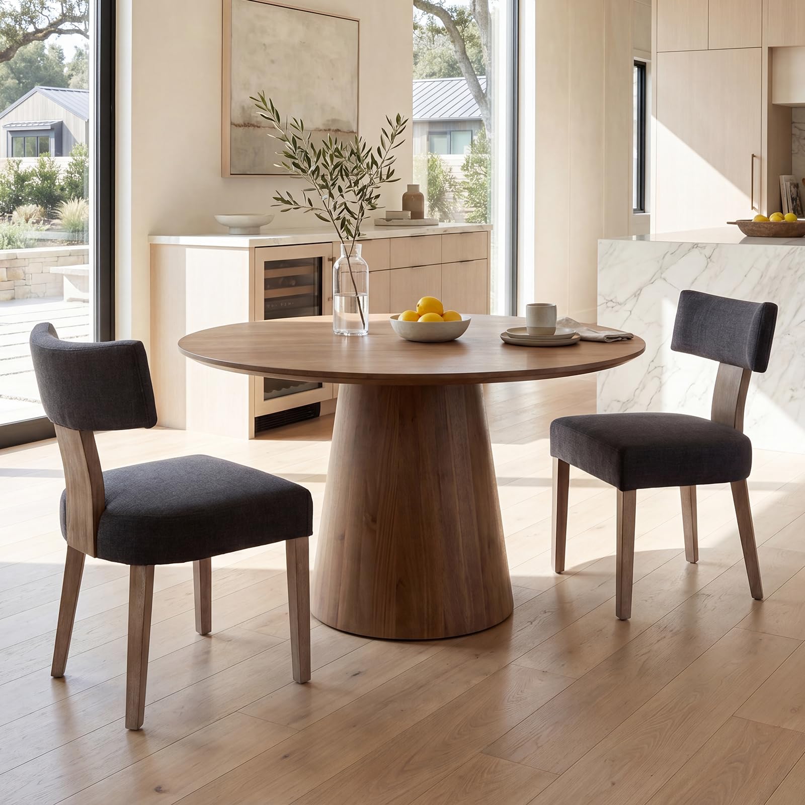 RIVOVA Linen Dining Chairs Set of 2, Modern Dining Chair with Curved Backrest and Wood Legs Upholstered Dining Chairs Farmhouse Dining Room Chairs Kitchen Chairs, Charcoal