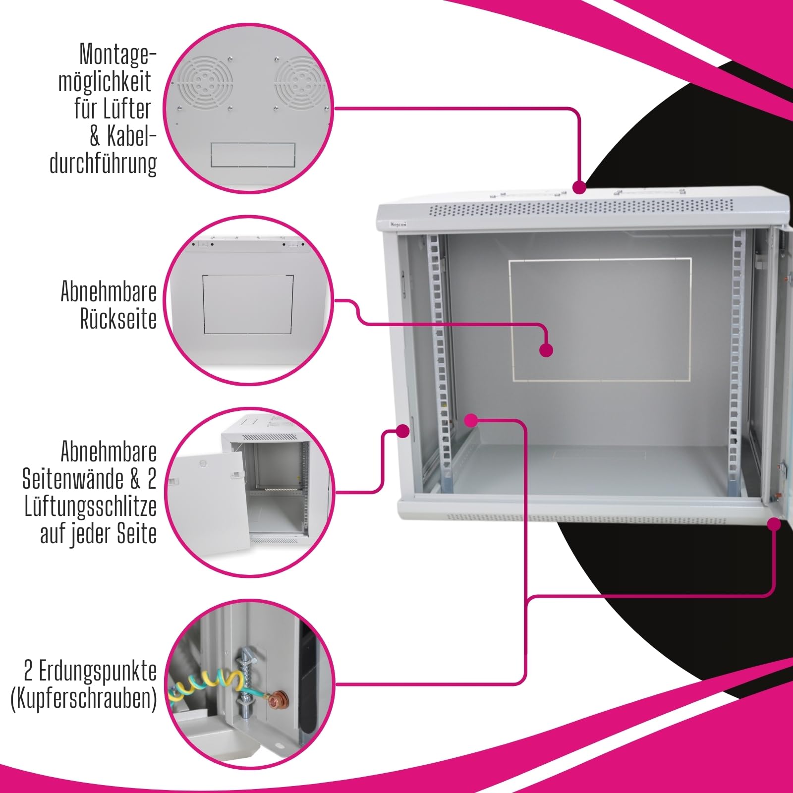 Premium Netzwerkschrank 9 HE I Serverschrank 19 Zoll | Wandmontage 600 x 450 x 510 mm I voll montiert I Server Gehäuse mit abschließbarer Glastür I Traglast 60 kg I Grau