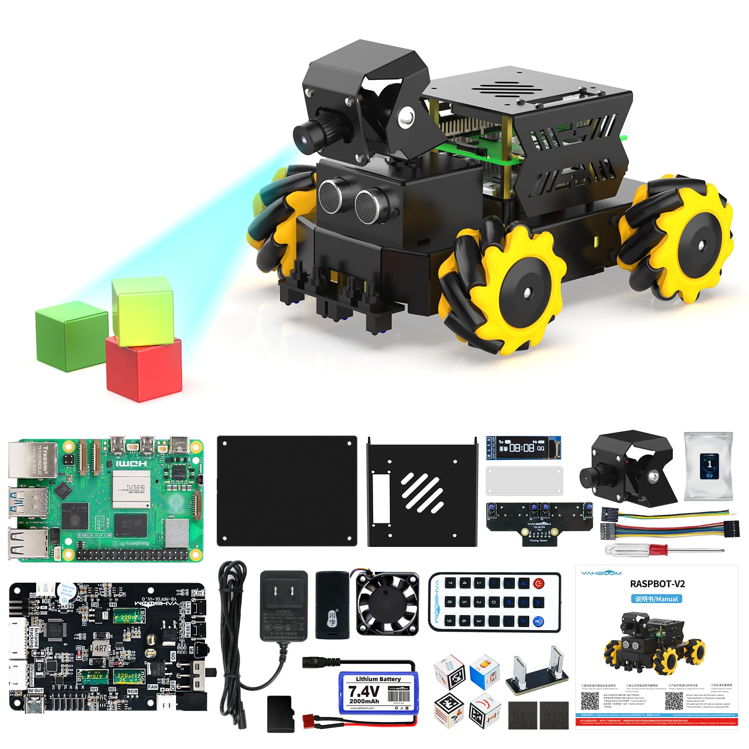 Yahboom Raspberry Pi5 Omnidirectional Moving Mecanum Wheel AI Vision ROS2 Robot,Autonomous Driving,Face Recognition,Tracking,Line Patrol,for 16+ 18+ Teenager Python C+ Projects (with RPi 5-8GB)