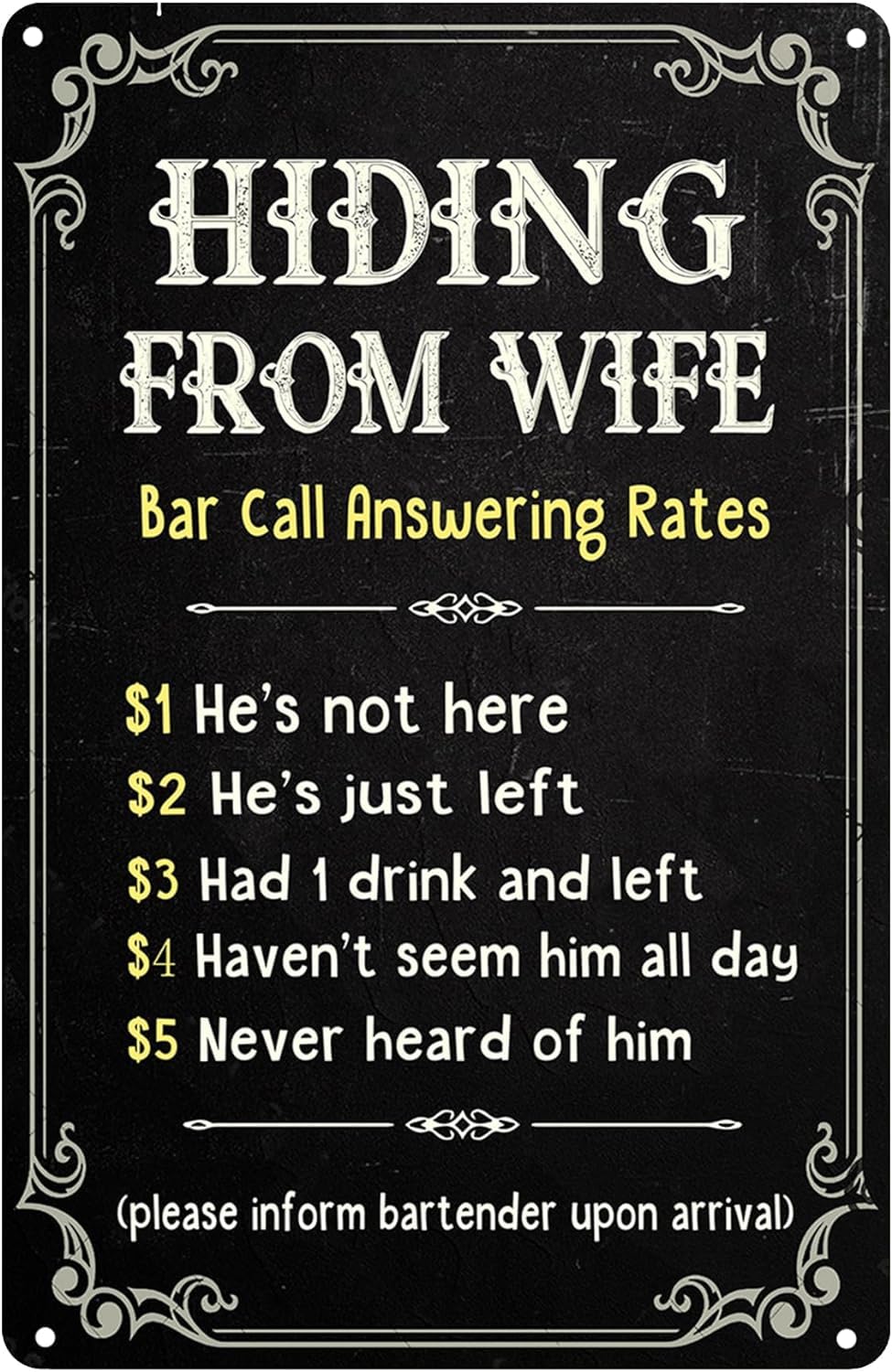SMAZDFXX Funny Metal Tin Signs Hiding From The Wife, Bar Phone Rates Vintage Bar Sign, Bar Signs for Home Bar Wall, Home Garage Man Cave Decor Accessories Poster 5.5"x8"