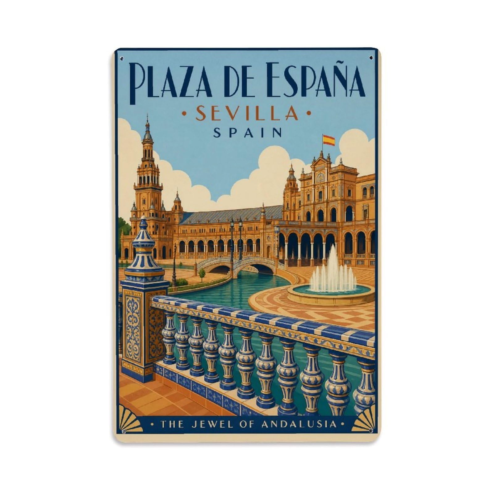 Vintage Plaza Espana Ceramic Tiles Fountain Spain Metal Tin Sign